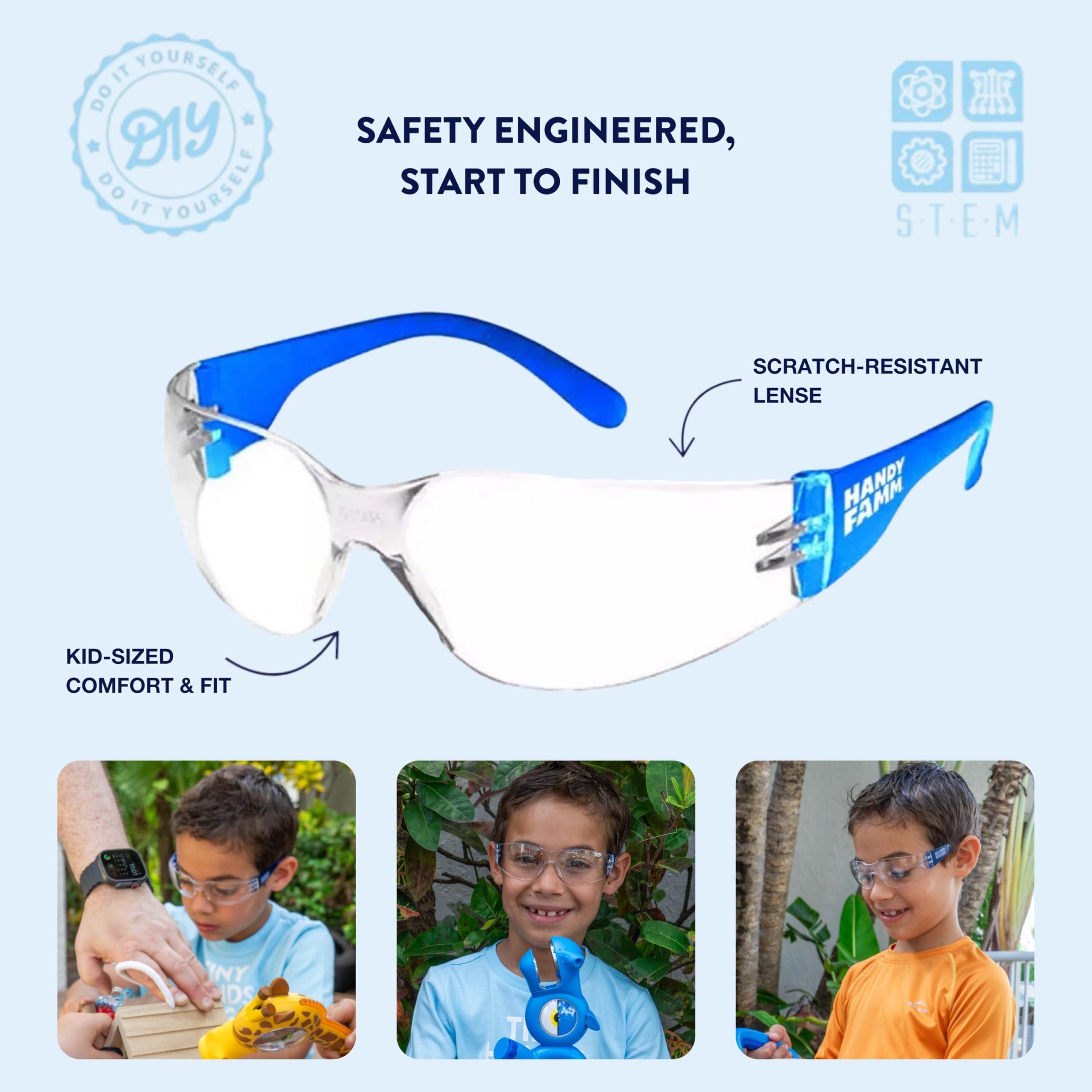 Handy Famm Occhiali di sicurezza blu per bambini, leggeri, resistenti ai graffi, per bambini, a scuola, STEM, giochi all'aperto, laboratori e laboratori di chimica, occhiali resistenti
