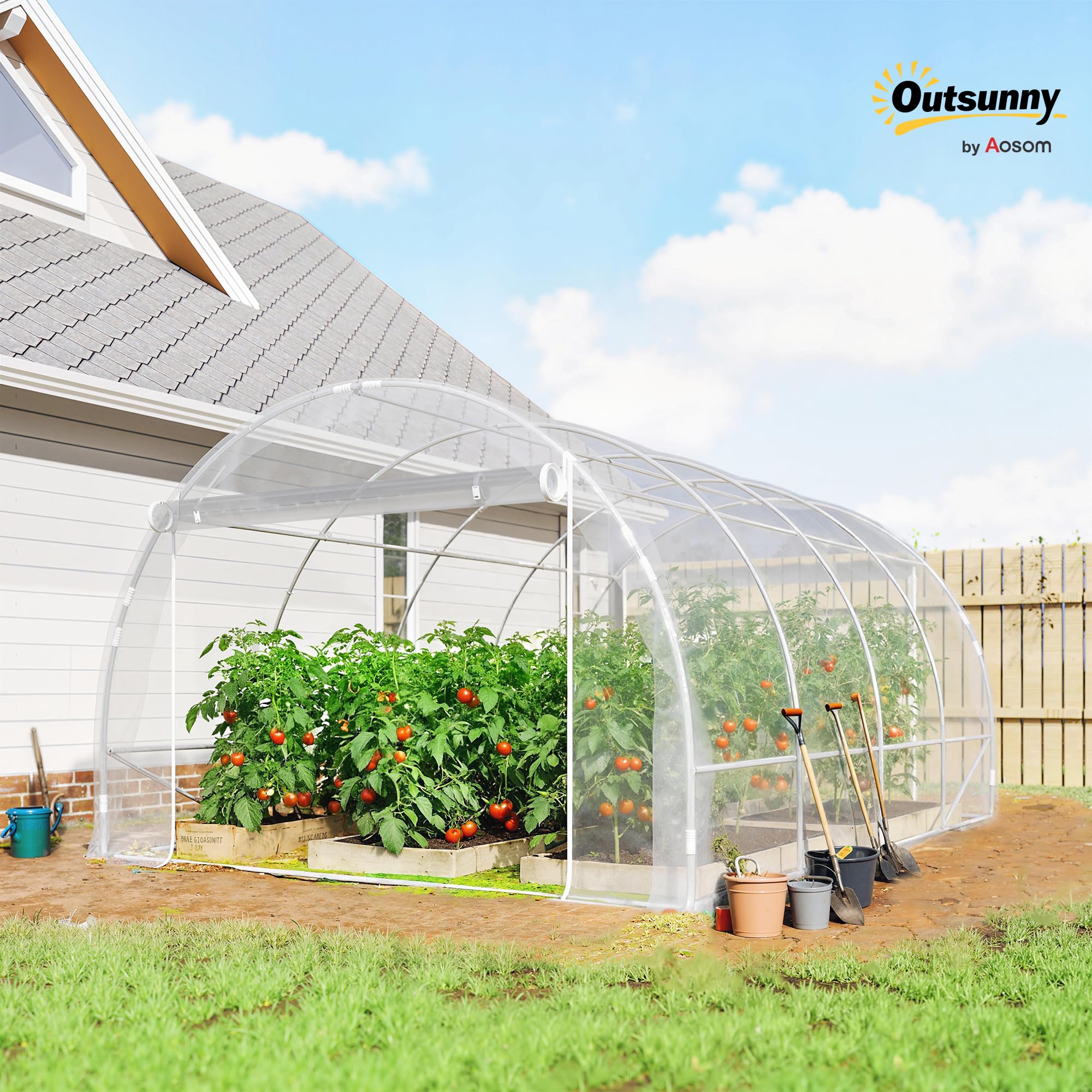Outsunny Gewächshaus ca. 4 x 3 x 2 m Foliengewächshaus mit Breiter Rollbar Reißverschlusstür, Stützstangen Verlängerte Kanten 150g/m² PE UV-beständig Folientunnel, Winterfest Tomatenhaus, Transparent