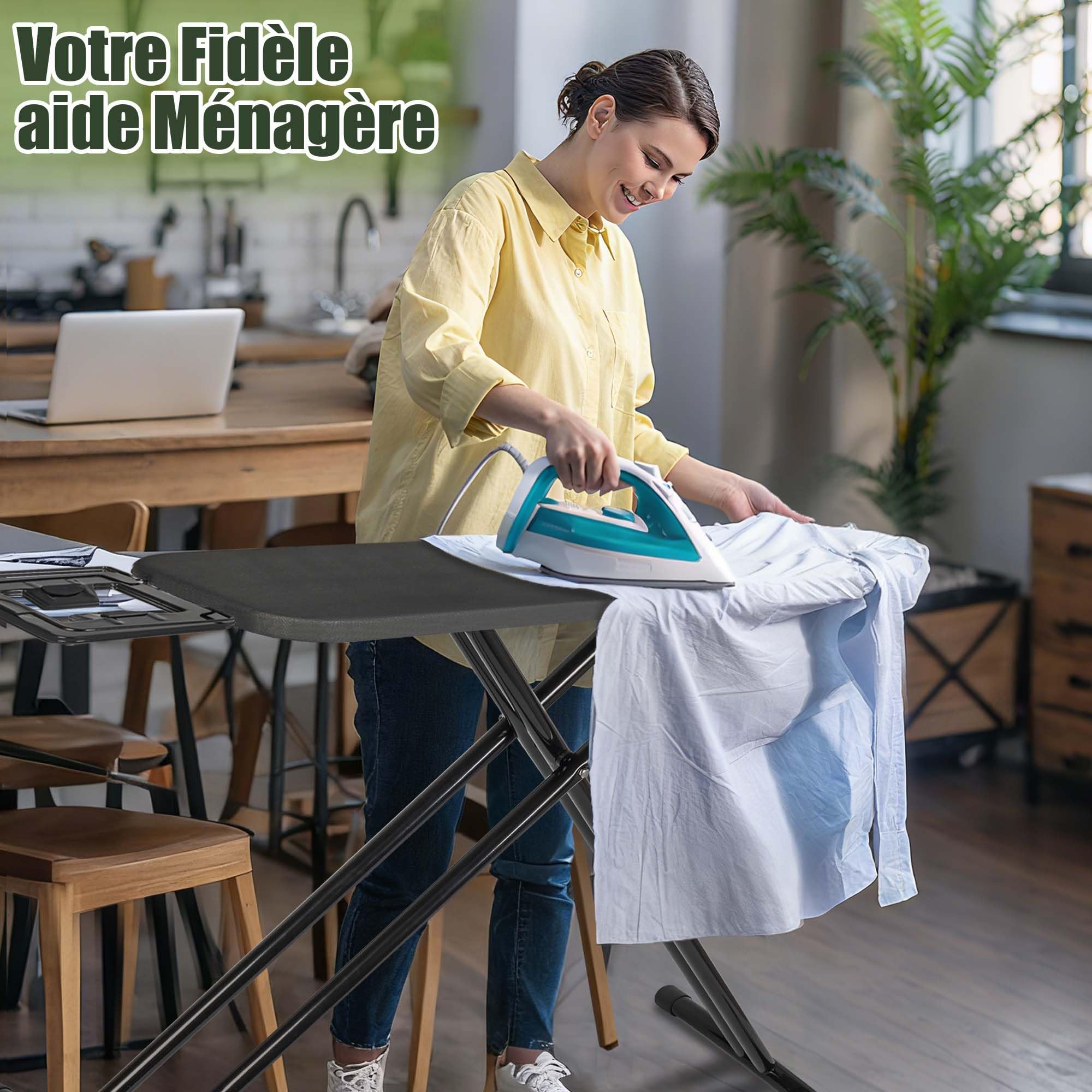 Table à Repasser Pliable avec Fer à Repasser 120x38CM | Planche à Repasser et Pieds Antidérapants et Housse Résistante à Chaleur, Stable et Léger, Réglable en Hauteur 72-92CM, Noir