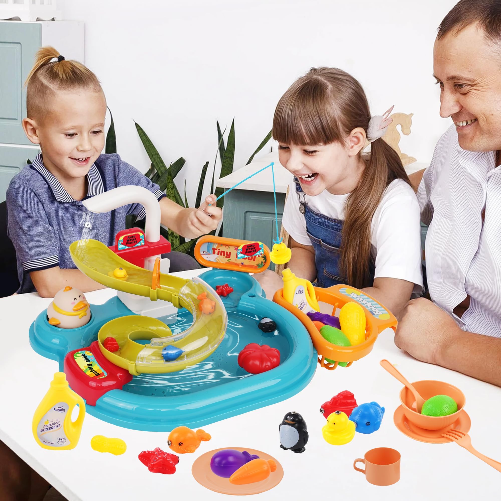 Giocattoli per lavello da Cucina per Bambini,Lavastoviglie Giocattolo Con Acqua Corrente, Rubinetti Automatici Accessori Stoviglie, Gioco Di Ruolo Lavello Set Regali Per Bambini 3+Anni