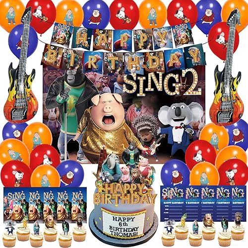 63Pcs Party Supplies Birthday Party Decorations Includes Banner Cake Topper Cupcake Toppers Balloons Invitation Cards for Kids Girls Boys Party