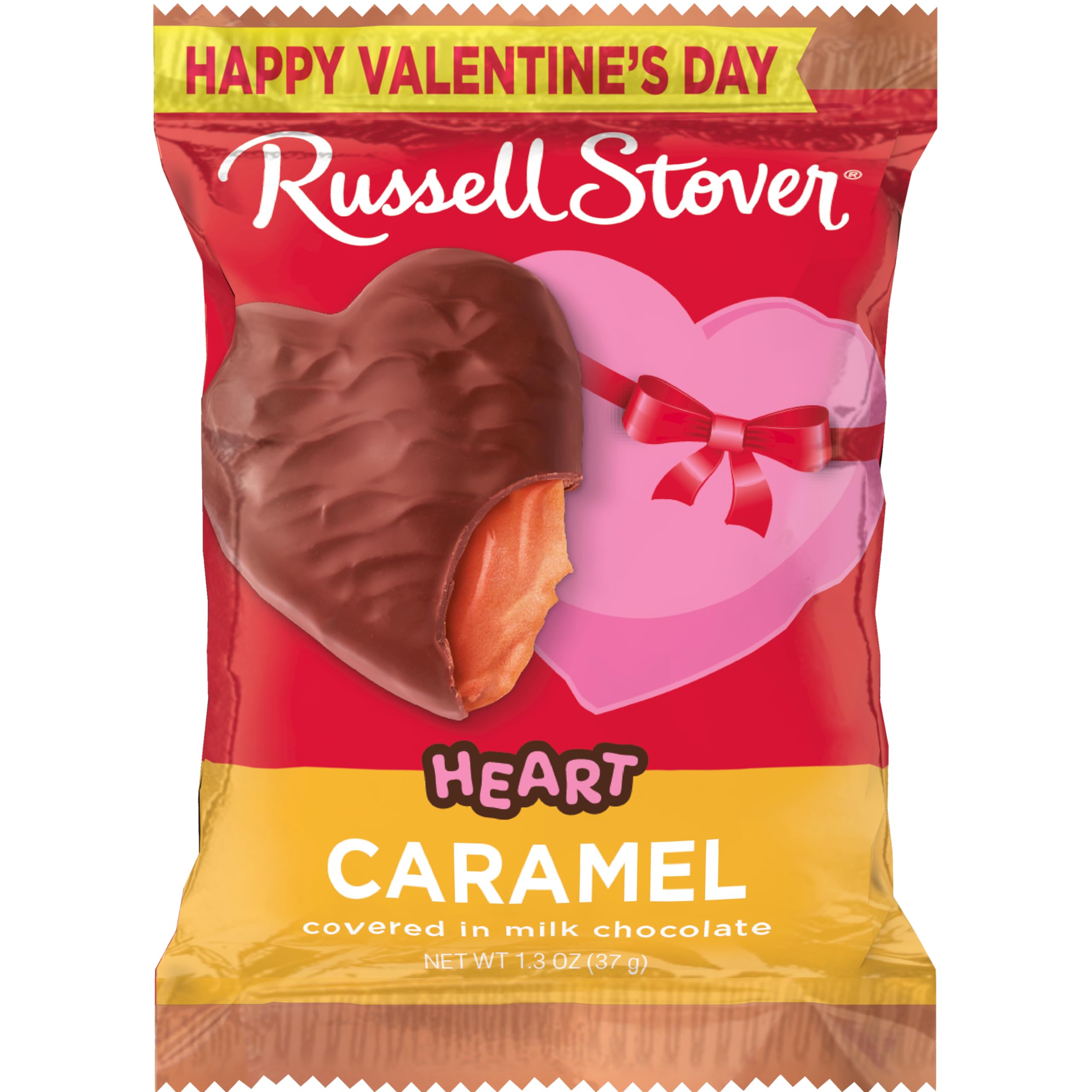 RUSSELL STOVER Valentine's Day Milk Chocolate Caramel Heart, 1.3 oz. (Pack of 18)