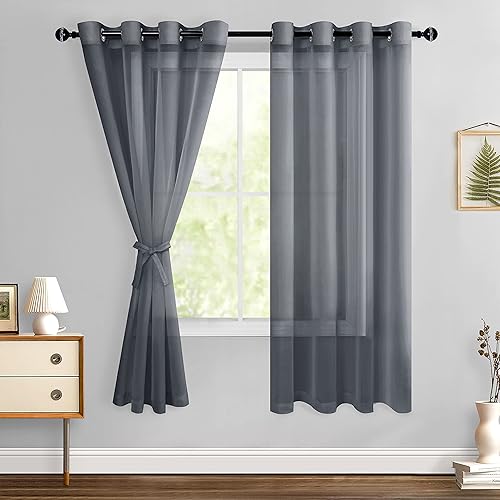 Hiasan - Cortinas traslúcidas de gasa texturadas ligeras filtrantes de luz con ojales y alzapaños p ventana, dormitorio, sala estar, oficina (gris