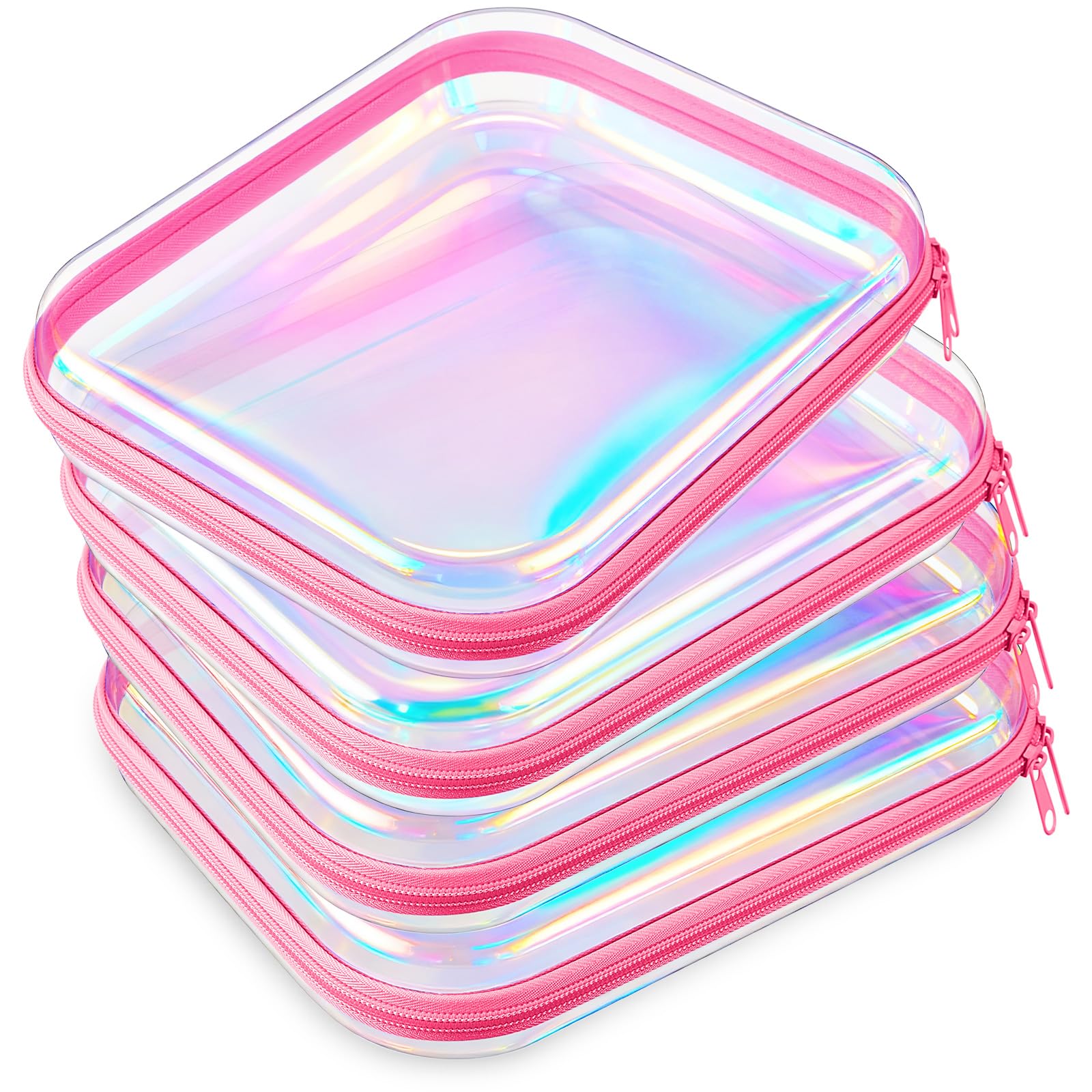 Hoolerry 4 Pcs Hard Clear Zipper Case, Laser, 9.8 x 7.9 x 2 in, Pink