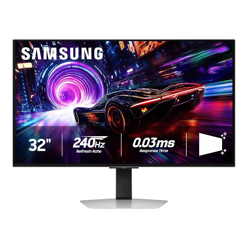 Samsung Odyssey OLED LS32FG816SUXXU Monitor de jogos 4K UHD de 32 polegadas | Tempo de resposta de 0,03 ms | Taxa de atualização de 240Hz | HDMI 2.1 | Displayport | USB | Prata