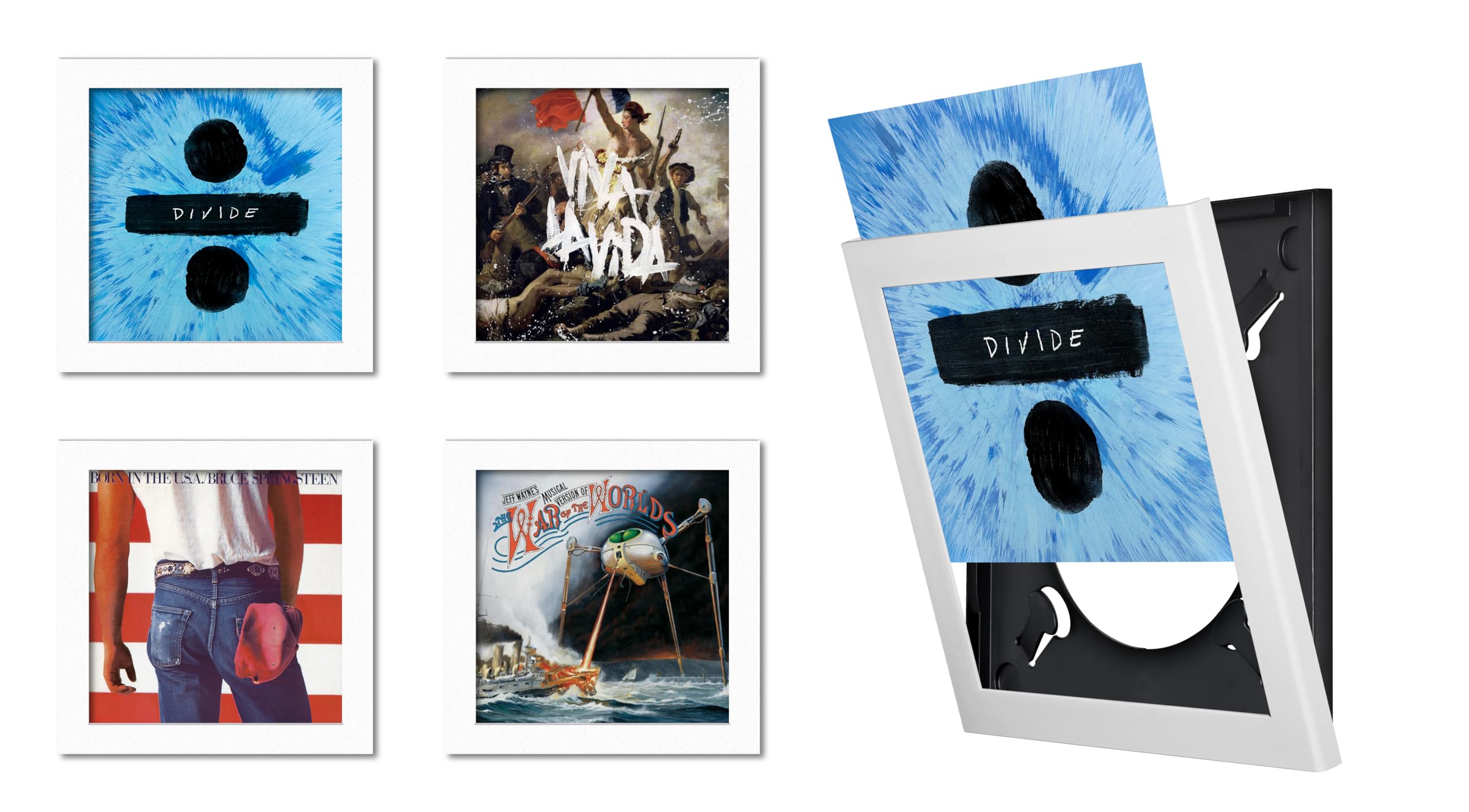 Show & Listen White Vinyl Record Album LP Frame (Pack Of 4) | Vier weiße LP-Rahmen, wandmontierte Album-Displays, aufklappbares Design, einfacher Albumwechsel, ideal für Vinyl-Sammler