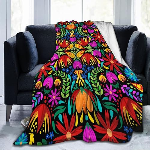 Pubnico Colorida manta floral mexicana, manta de franela mullida y acogedora, no desprende pelusa para la siesta, cama, sofá, decoración del hogar
