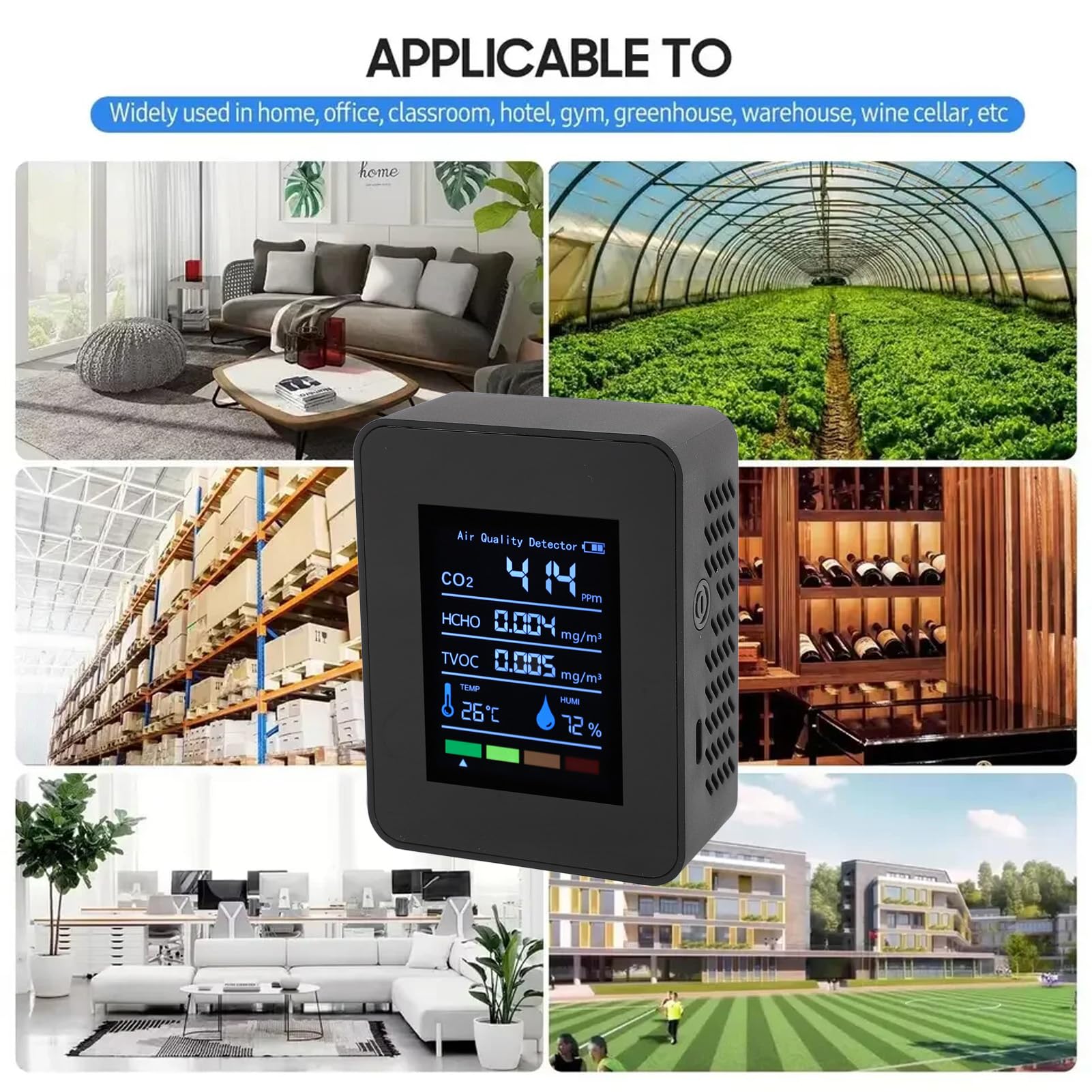 Monitor Jakości Powietrza 5 w 1, Miernik Testowy CO2/HCHO/TVOC/temperatury/wilgotności, Inteligentny Detektor Jakości Powietrza z Wyświetlaczem i baterią 1200 MAh, do Domu, Biura