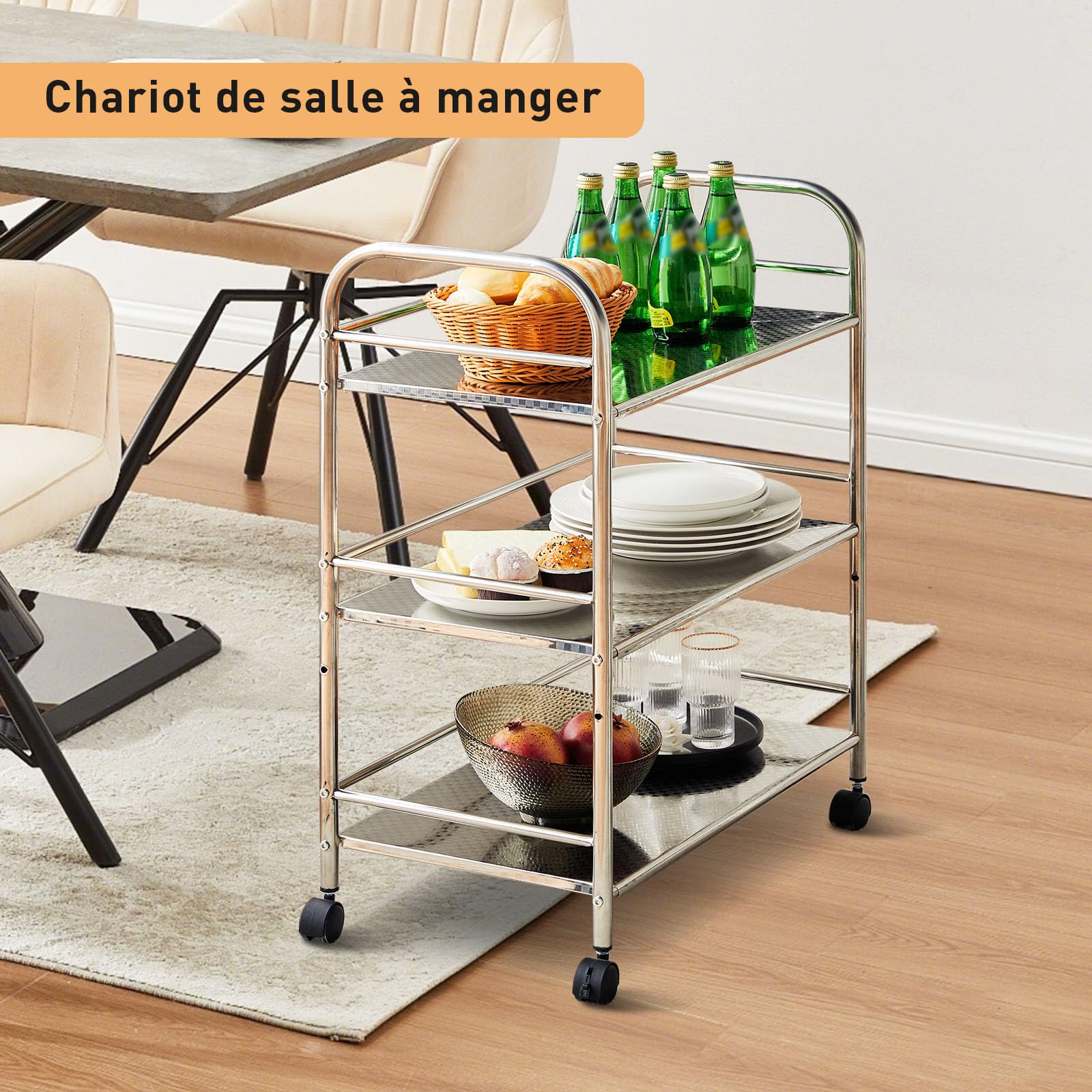 LEMROE Chariot de Service 3 Niveaux en Acier Inoxydable avec roulettes 360° Amovibles - Chariot de Cuisine, Restauration, Hôtellerie, Salon & Restaurant