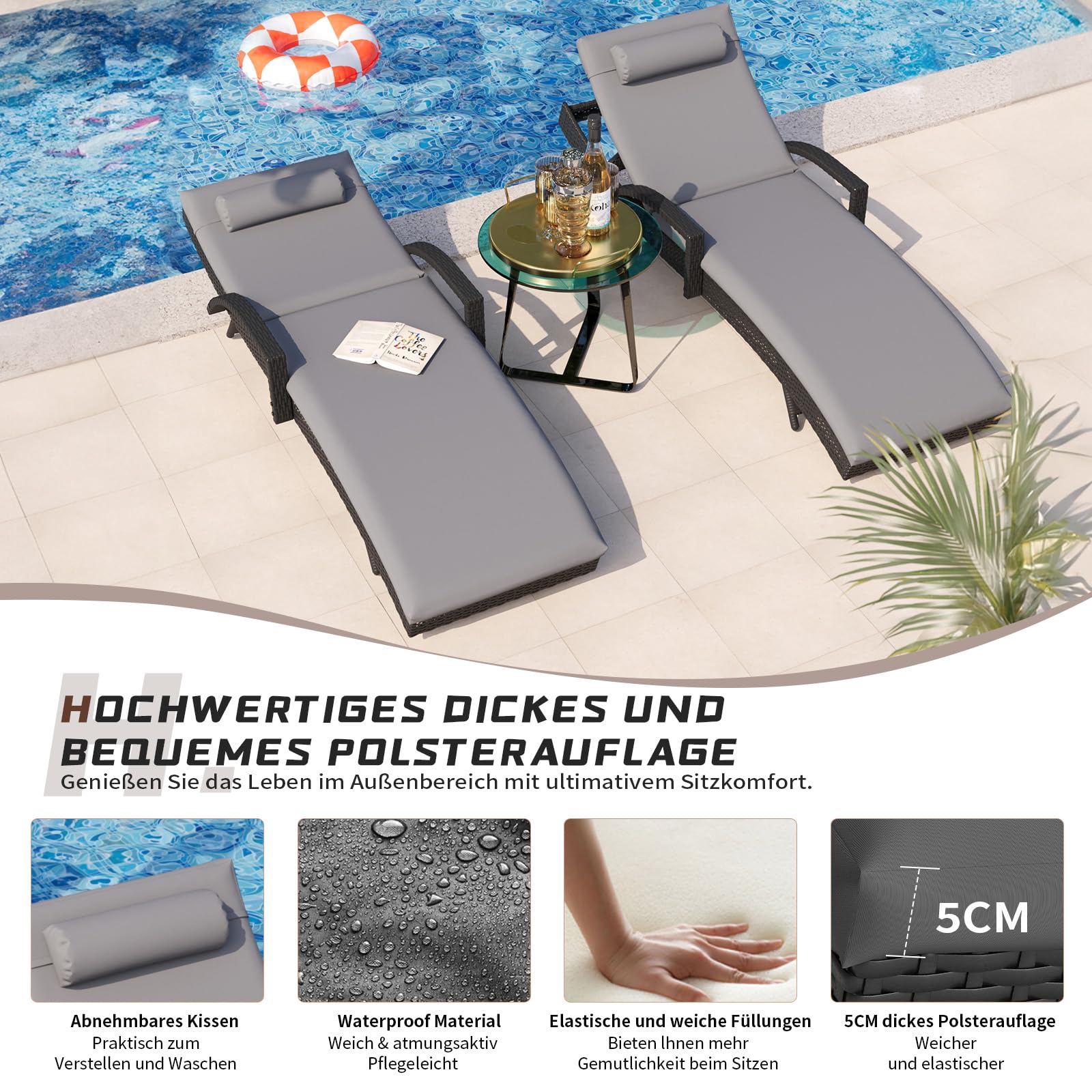 UDPATIO Polyrattan Sonnenliege, 5-Fach Verstellbarer Rückenlehne Gartenliege, Wetterfest Rattanliege mit Polsterauflage & Kopfkissen für Garten, Balkon und Terrasse - Schwarz & Grau Bezüge