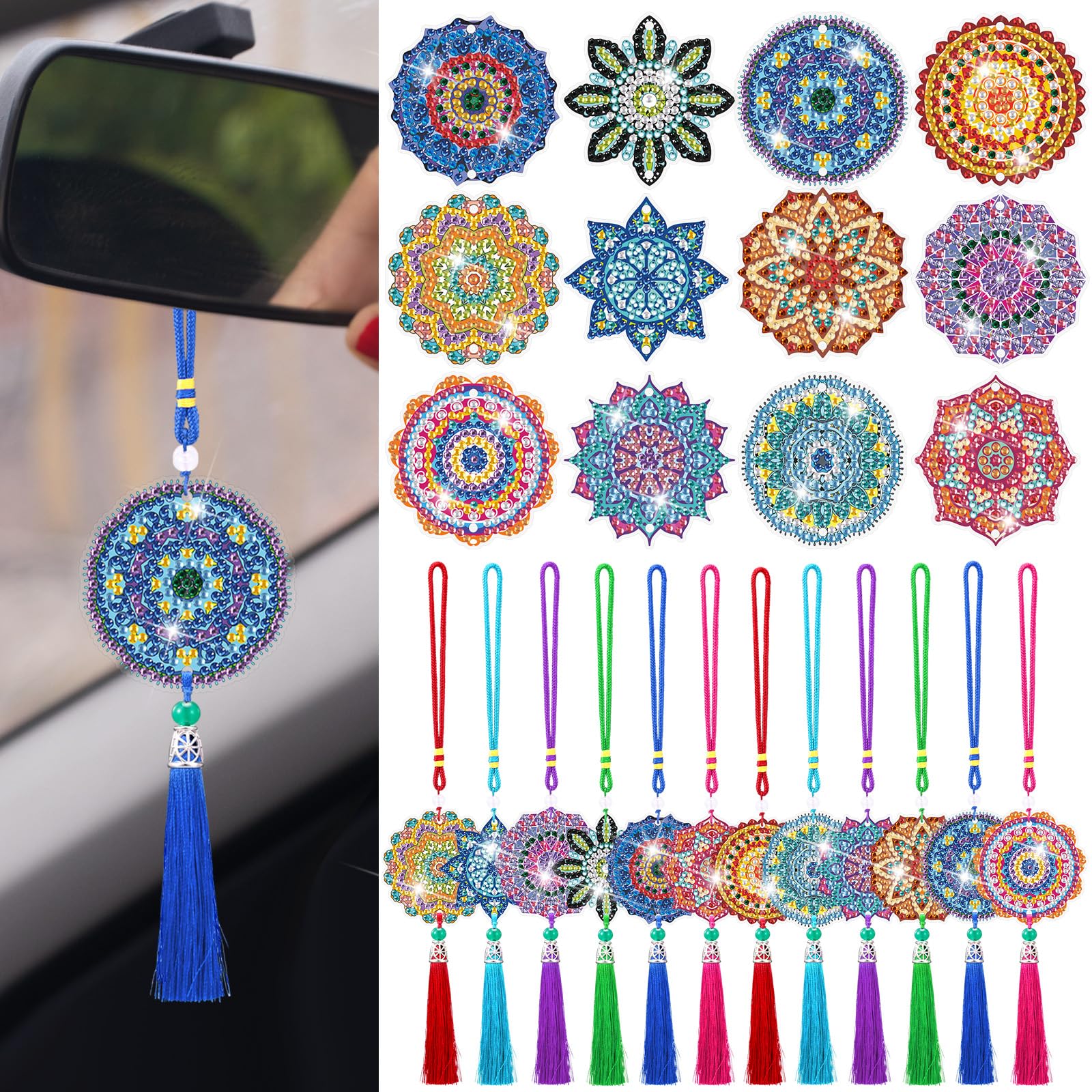 JenPen 12 Pcs Diamond Painting Car Ornaments Diamond Art Ornament for Car Double Sided Painting Hanging Ornament Crystal Gem Garden Decoration Paint
