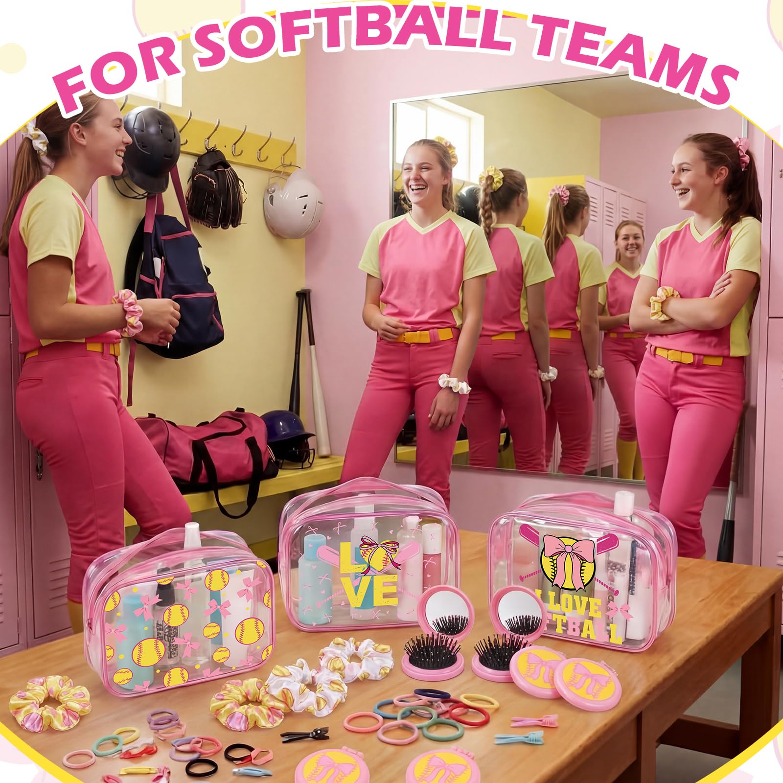 36 Pcs Pink Softball Gifts for Girl 12 Softball Makeup Bag Bulk Cosmetic Bag Sport Team Gifts with 12 Pink Bow Hair Scrunchies 12 Round Portable Folding Brush Mirror for Coach Team