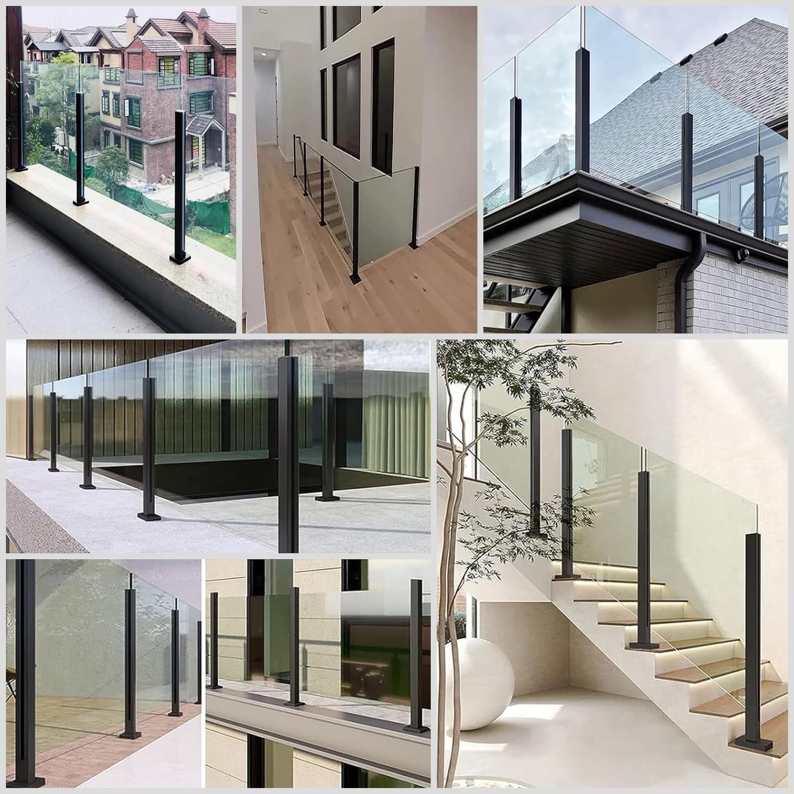 Zestaw słupków kwadratowych do paneli 10 mm i 12 mm – czarno-biała poręcz ze stali nierdzewnej na schody, tarasy, balkon, taras, nowoczesne rozwiązanie bezpieczeństwa i stylu