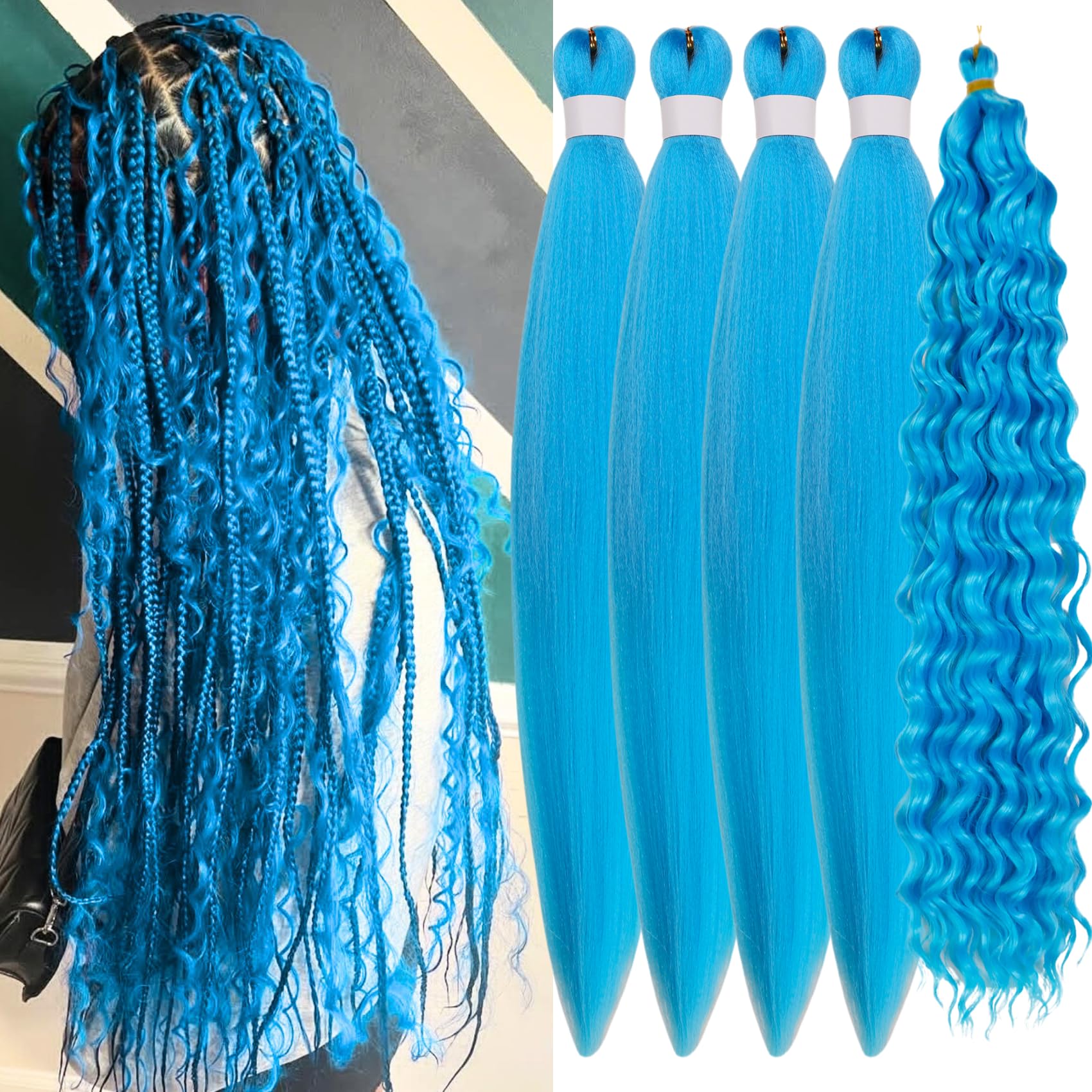 Navy Blue Braiding Hair Pre Stretched Light Blue Boho Hair for Braiding Prestretched ez Braid Crochet Curly Deep Wave Braids Knotless Synthetic Boho