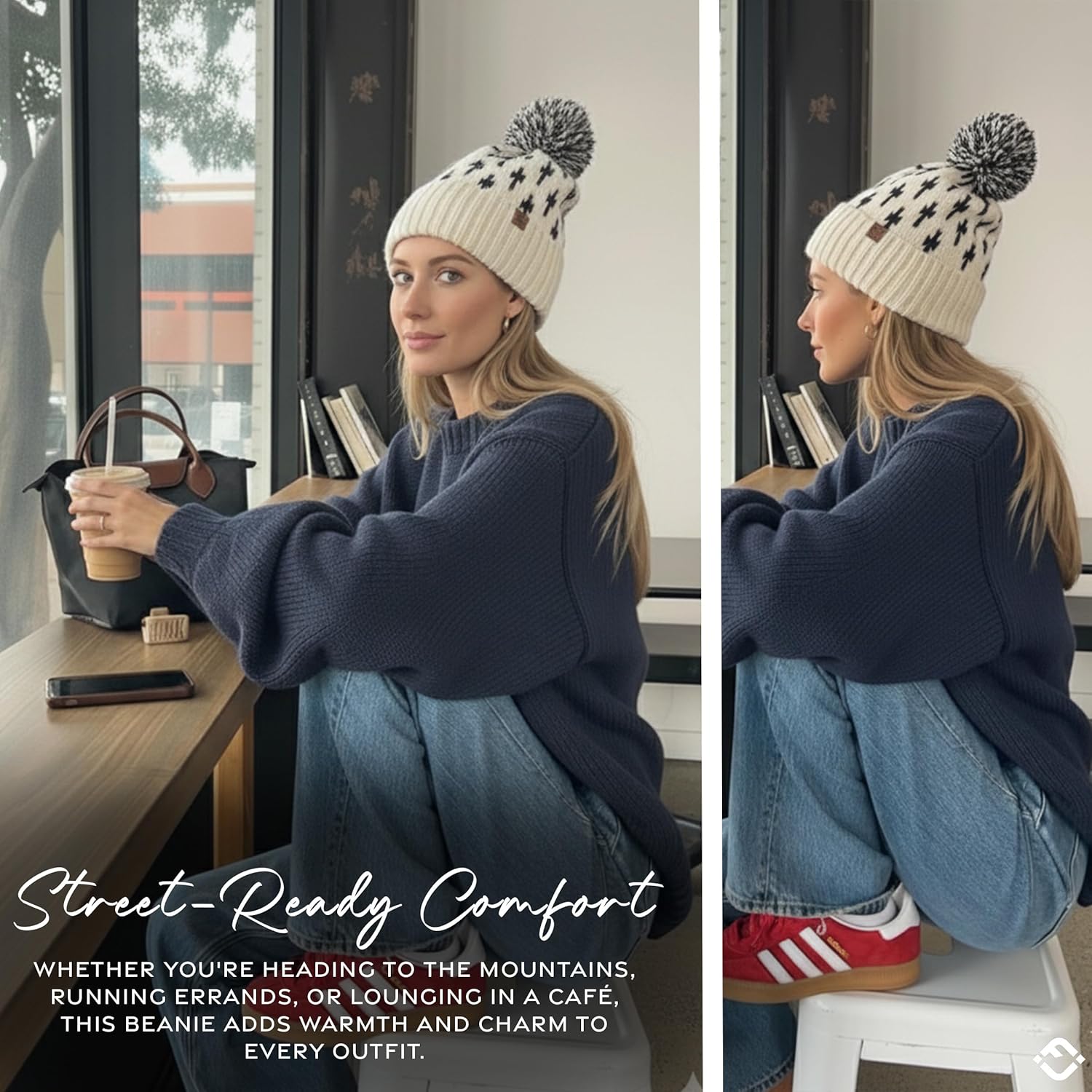 Funky Junque Women’s Knit Pom Beanie – Cozy Womens Winter Hat, Apres Ski Cold Weather Beanies with Geometric and Cross Design - Image 5