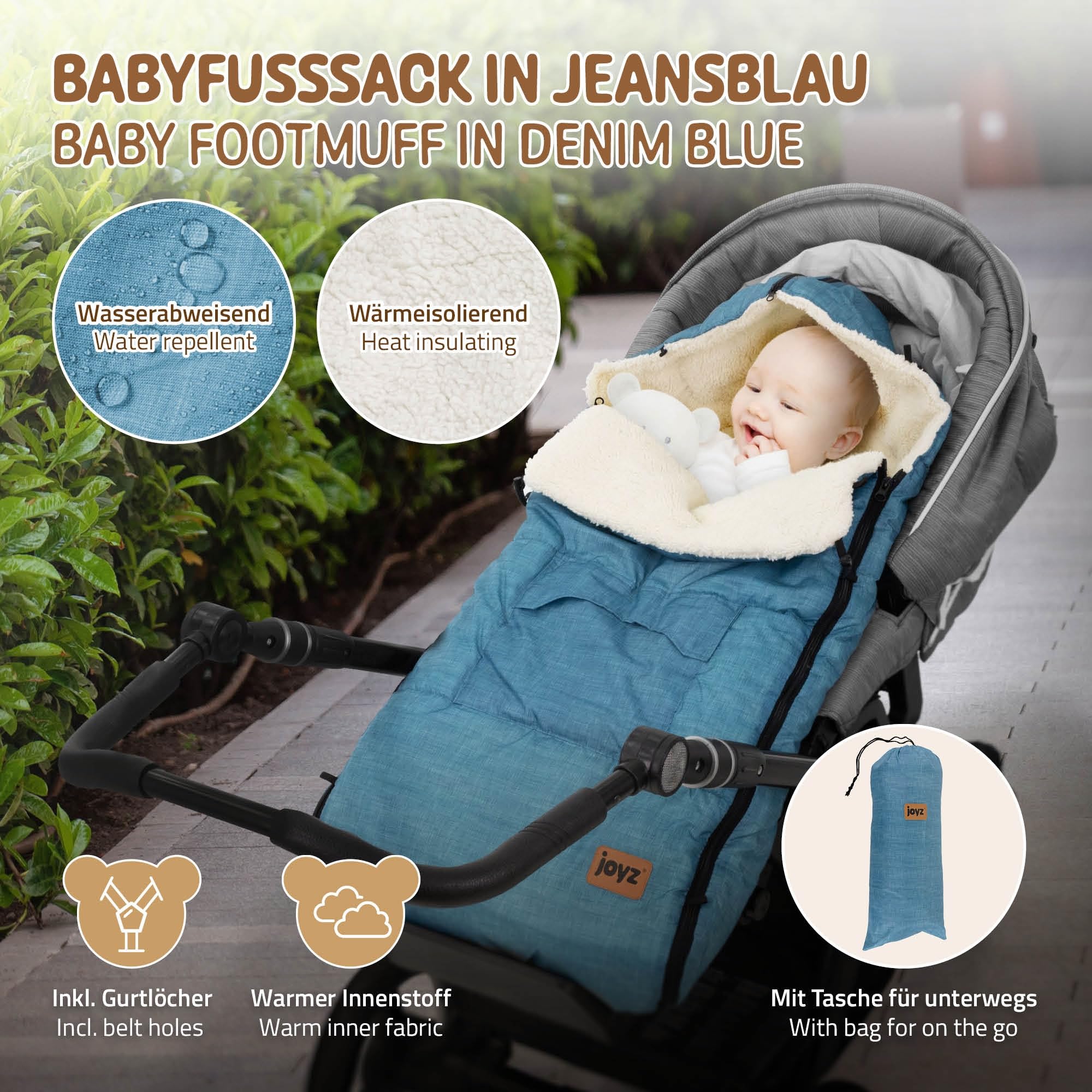 Joyz Saco Cubrepiés para Bebé Manta Capazo Azul Vaquero Poliéster 94x48x10 cm Forro Cálido para Invierno Universal Reposacabezas y Cremallera para Cochecito/Silla de Paseo con Aberturas para Cinturón