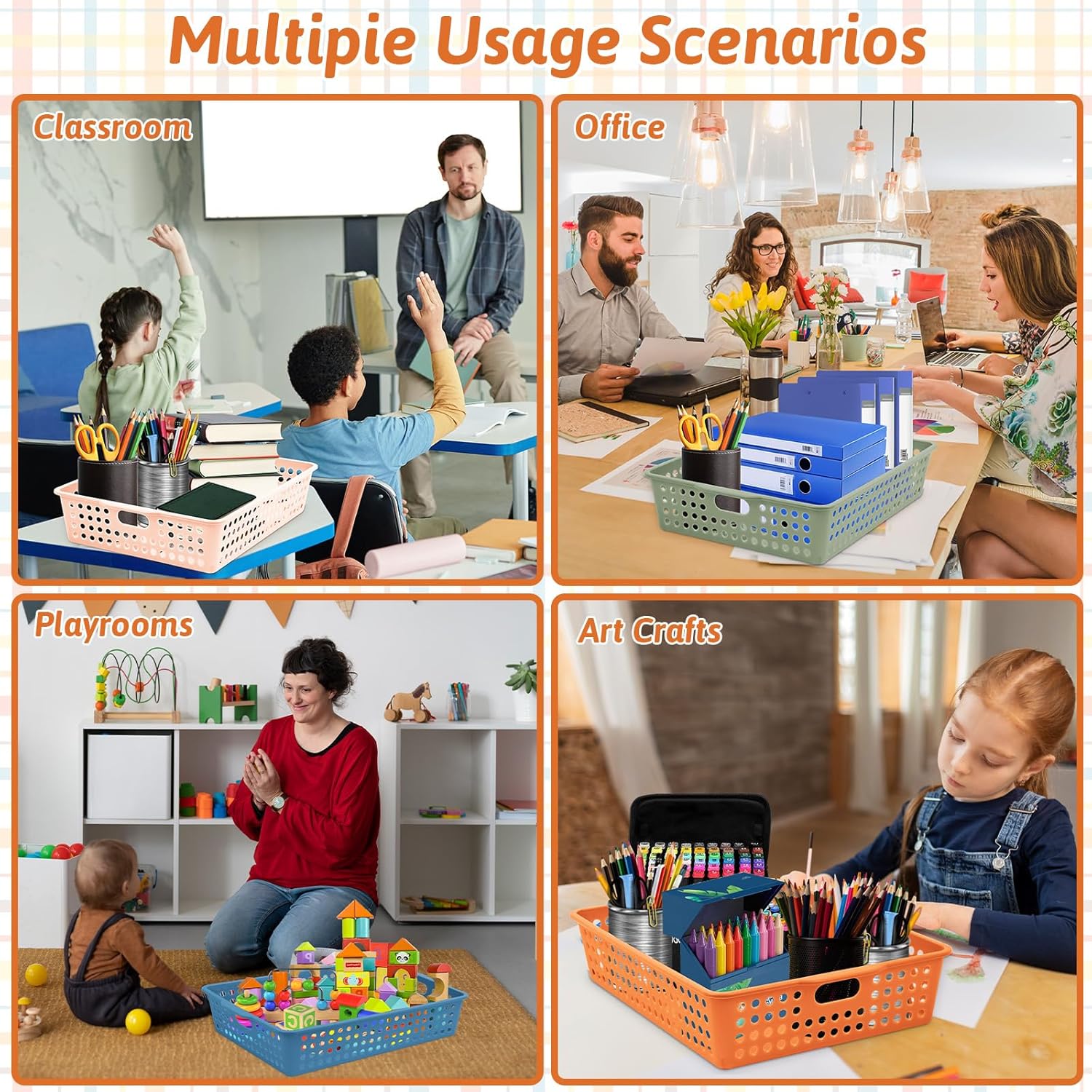 12 Pcs Plastic Classroom Storage Basket Bulk 14 x 10 In Turn in Paper Trays for Classroom A4 Size Colorful Storage Organizer Bin with Handles Stackable Container for Playroom Home Office School Supply