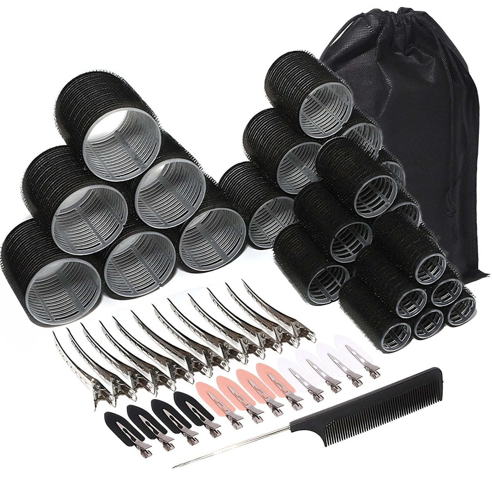 Hair Rollers with Clips, 50Pcs Hair Rollers Set, Black Velcro Rollers for Hair Volume, 4 Sizes (60/48/36/25mm) with 24 Clips for Long Medium Short Thick Fine Hair DIY Hairdressing(Black)