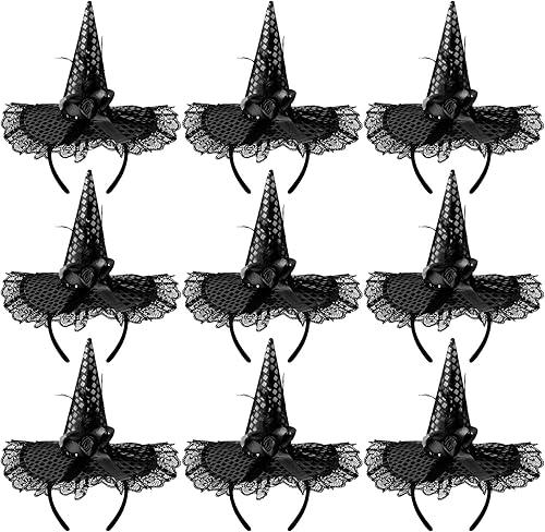 Paquete de 9 diademas de sombrero de bruja de Halloween para mujeres y niños, tocado, disfraz de mascarada, suministros de fiesta de cosplay (negro)