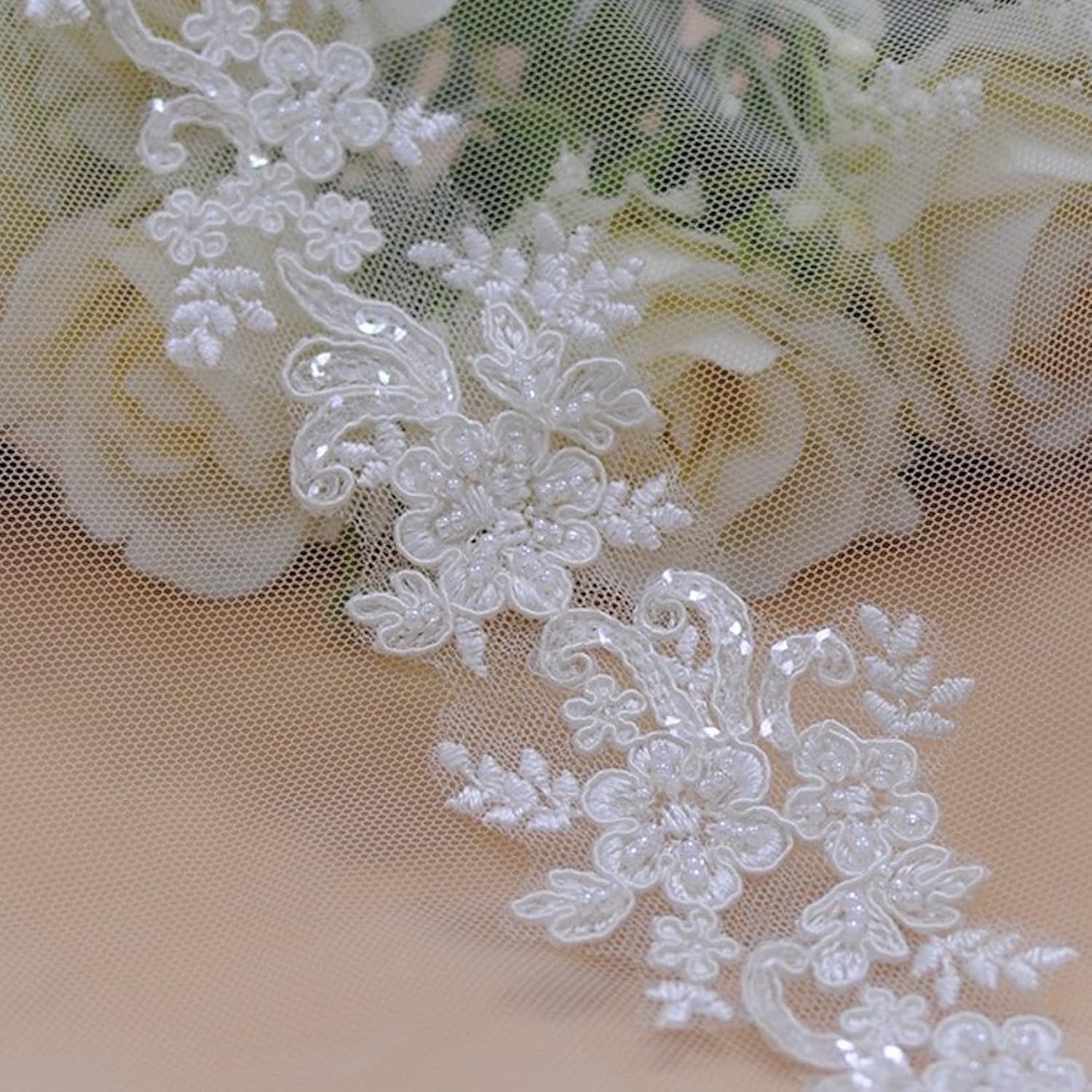 2yard Ivory Embroidered Lace Trim with Sequins and Beads,Floral Lace Appliqué Ribbon for Wedding Dresses, Gowns, Headpieces, DIY Sewing Crafts (Pattern B)