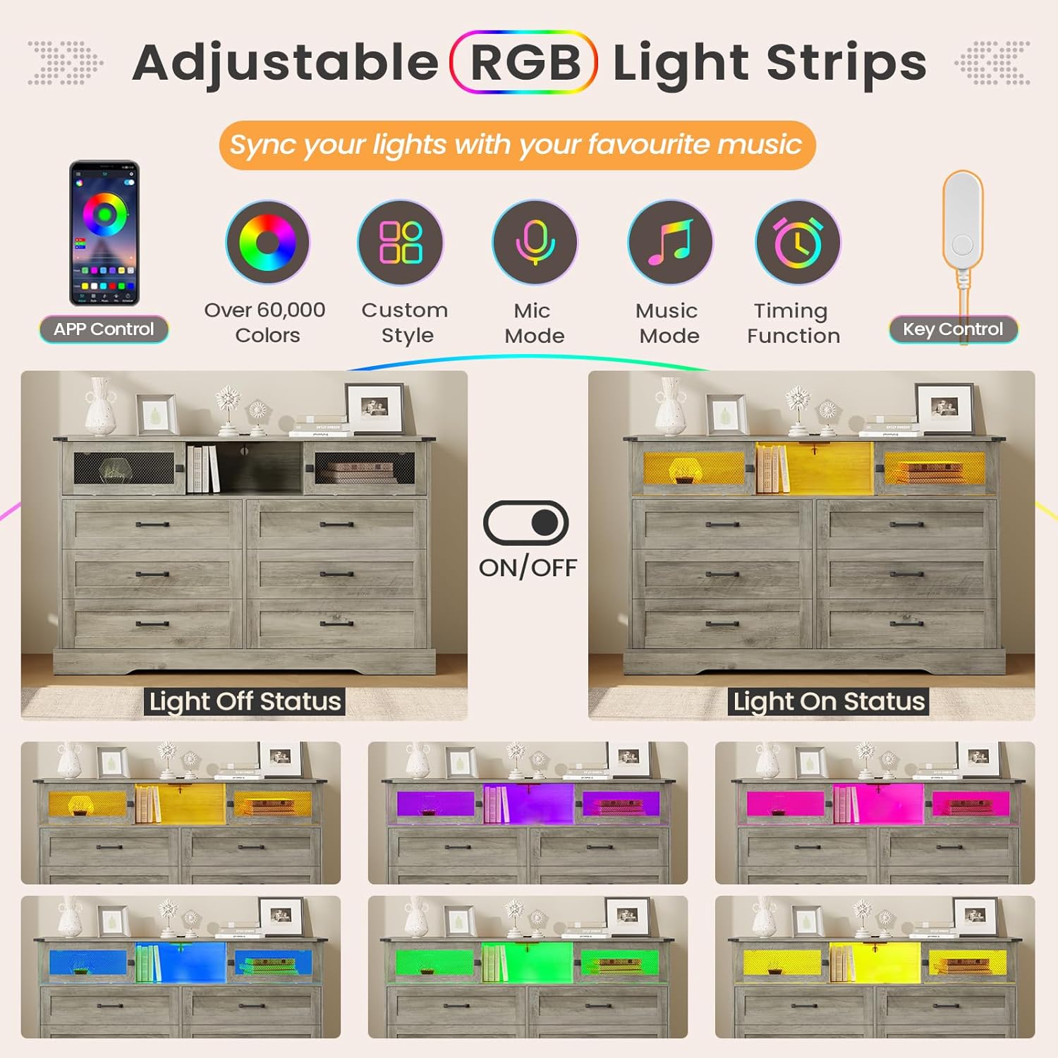 DICTAC Farmhouse 6 Drawers Dresser with Charging Station, LED Long Dresser with 2 Sliding Doors, Wood Wide Chest of Drawers, Storage Dressers Organizer for Bedroom, Living Room, Rustic Oak