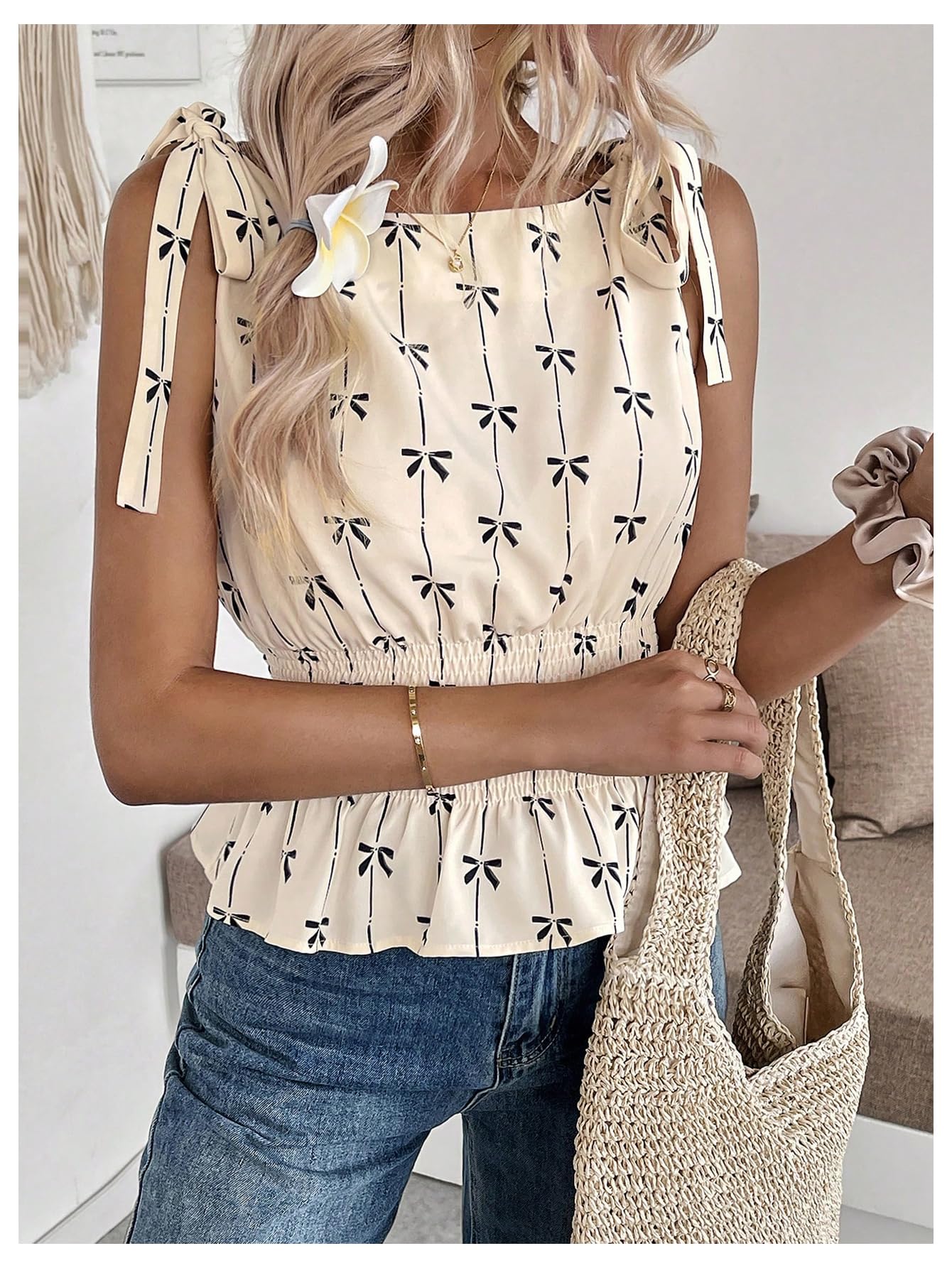 MakeMeChic Women's Bow Print Knot Blouse Ruffle Hem Sleeveless Shirred Top