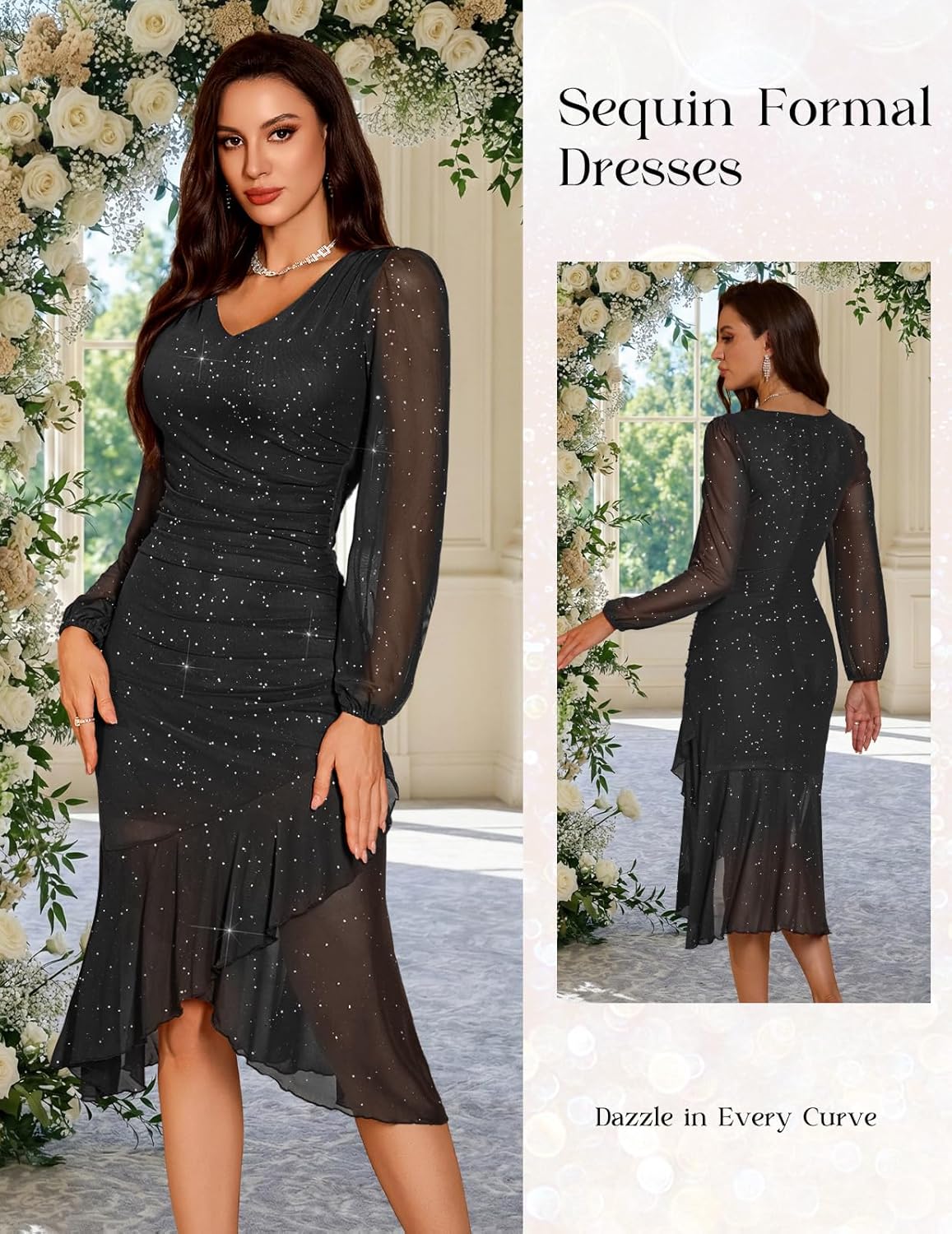 DRESSTELLS Sequin Wedding Guest Dresses for Women, Formal Cocktail Evening Party Bodycon Mesh Ruched Long Dress - Image 3