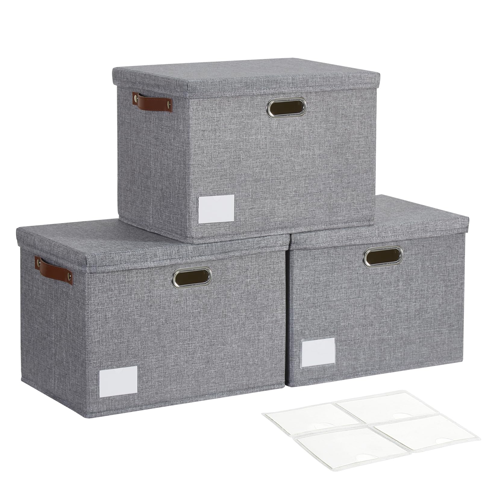 17" large collapsible storage bins with lids, stackable closet organizers with pu handle and labels, 3-pack decorative fabric storage boxes for home, bedroom, closet, office, nursery(gray)