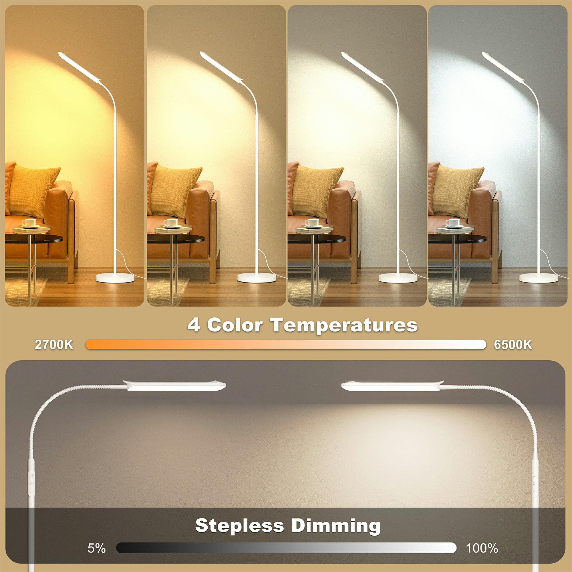 Lampada da Terra LED Dimmerabile, 18W 1800LM Luminoso Lettura Piantana Bianco con 4 temperatura di Colore,Telecomando Magnetico, Collo D'oca Flessibili a 360°,Timer 1H, per Soggiorno Letto Ufficio