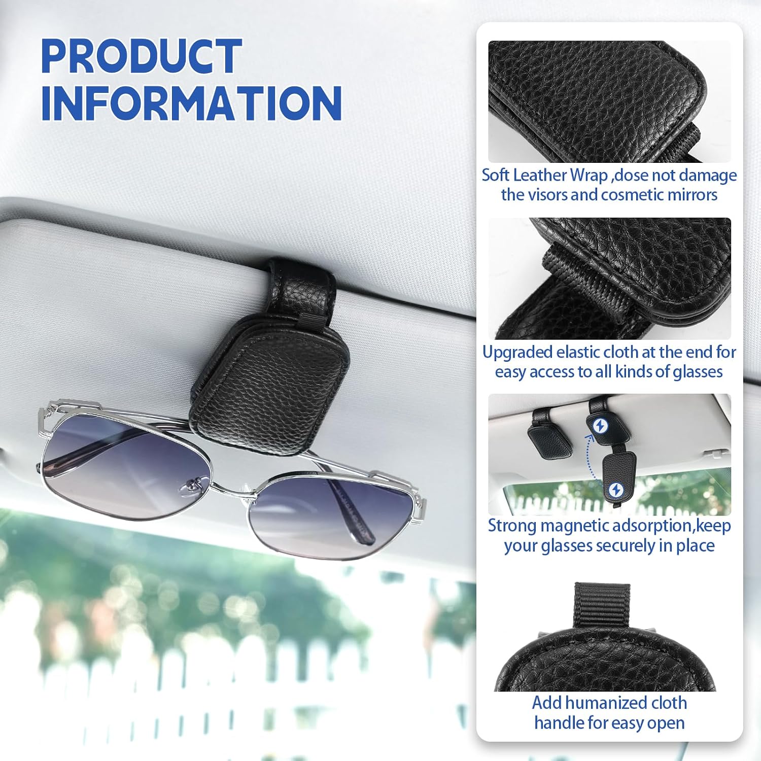 JUSTTOP 2 Pack Sunglasses Holders for Car, Magnetic Leather Buckle Sun Visor Sunglass Clip, Ticket Card Clip Sunglasses Mount, Car Interior Accessories for Men and Women (Black)