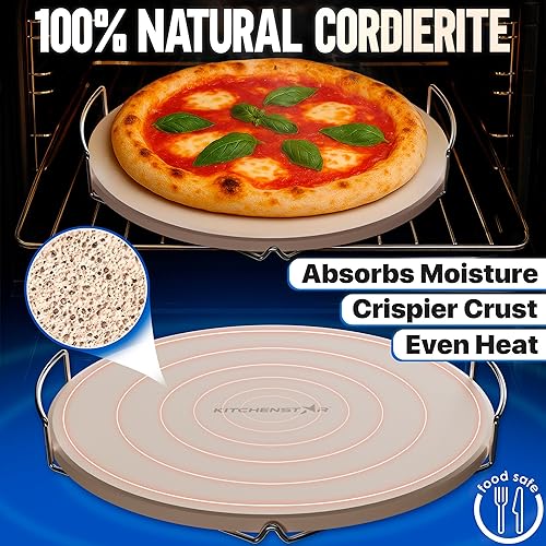 Miniatura 3 de KitchenStar Piedra para pizza de 12 pulgadas para horno y parrilla de barbacoa con asas, redonda, 58 pulgadas de grosor, cordierita natural,