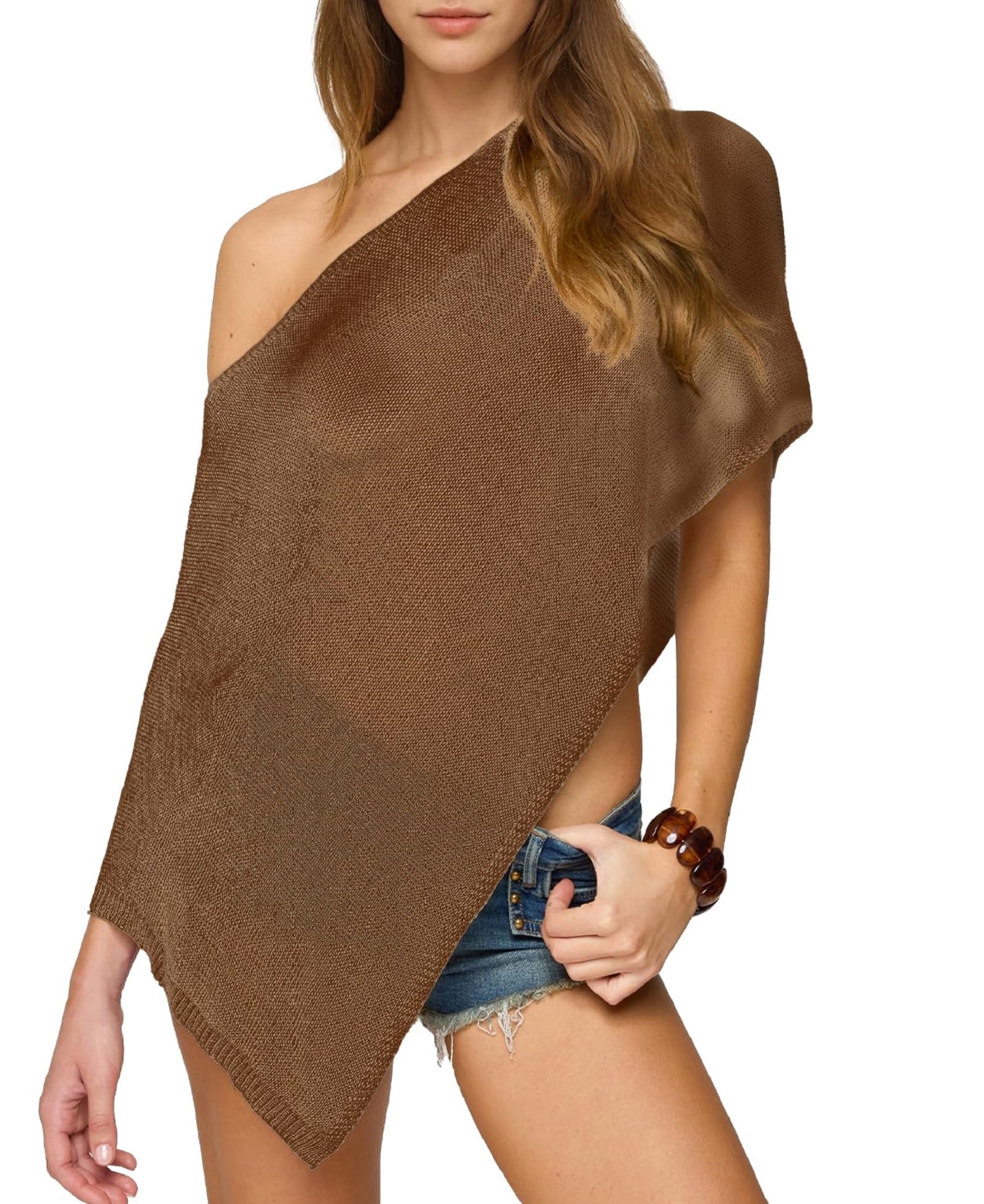 Aonoapll Women Sheer Knit Poncho Off Shoulder Asymmetric Shrug Sweater Pullover Top See Through Cover Up Tops