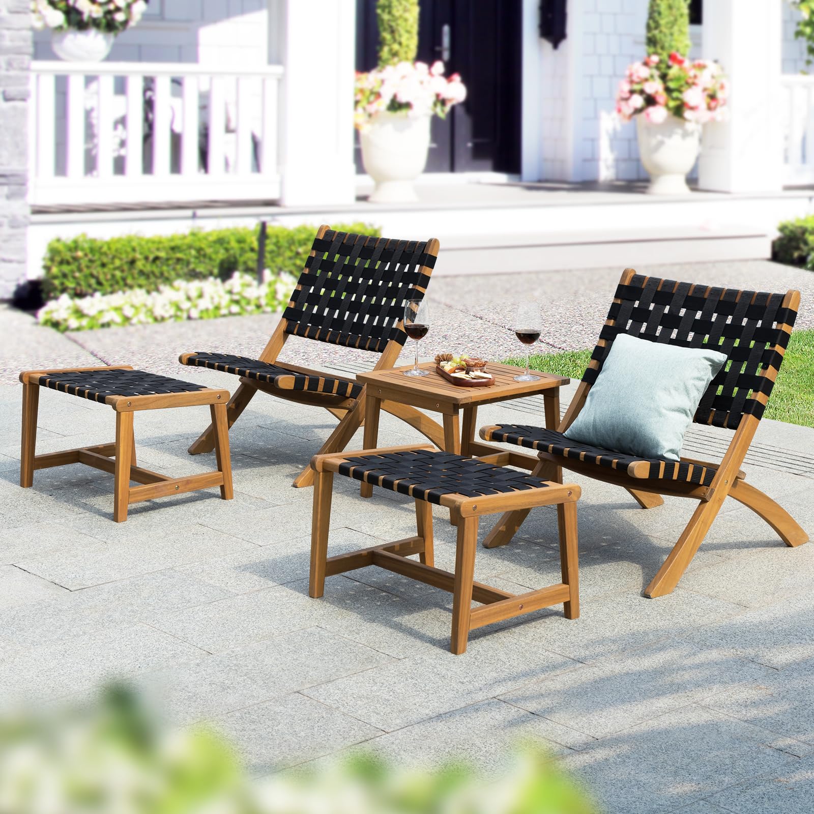 Juego de 5 piezas de bistró de patio con diseño reclinable plegable y resistente, capacidad de 400 libras, con otomanas para exteriores