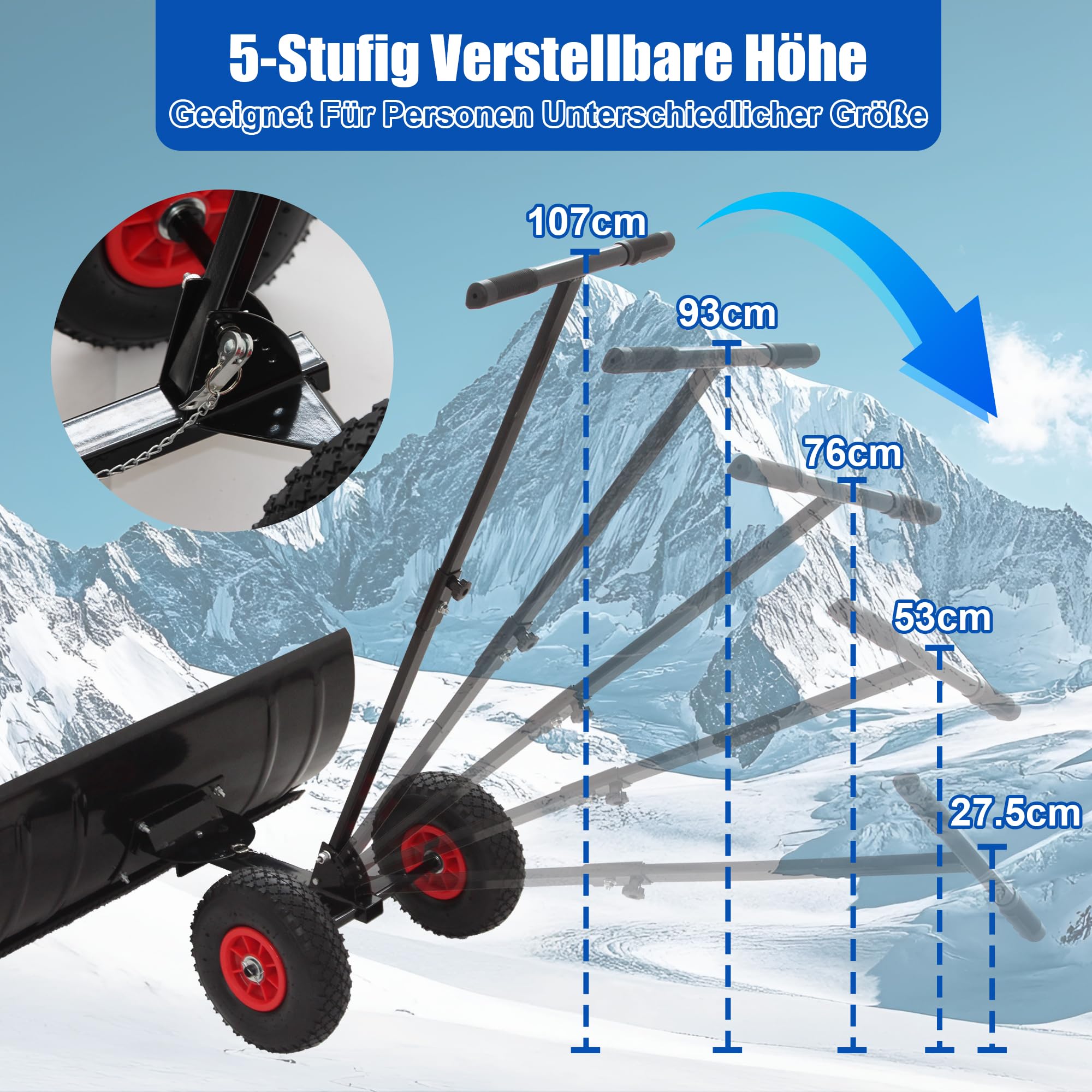 EIN-Stiel Schneeschieber mit Rädern, 5-stufig Höhenverstellbar (107-27.5 cm) - Extra Breite 74 cm Schaufel aus PE-Material, Klappbar und Leicht für Müheloses Schneeräumen auf Auffahrten