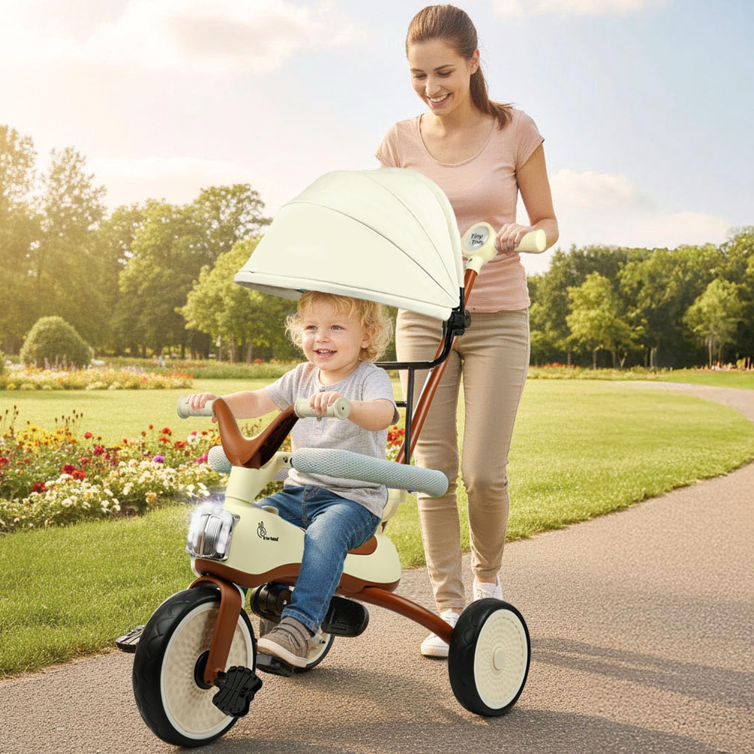 R for Rabbit Tiny Toes Karizma Tricycle for Kids with Light & Music, Parental Control, EVA Wheels, Foldable Footrest, Comfy Seat with Backrest, Baby Trike Cycle for 2-5 Years, Up to 25kg (Cream Brown)-image-8