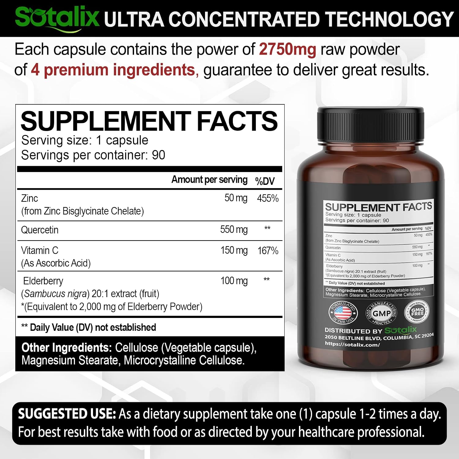 SOTALIX SUPPLEMENT Zinc Quercetin Ultra Immune Support Defense with Vitamin C, Elderberry - Equivalent to 2750mg Strength, Heart, Lung Support for Adult Kids 90 Day Supply (90 Count (Pack of 1))