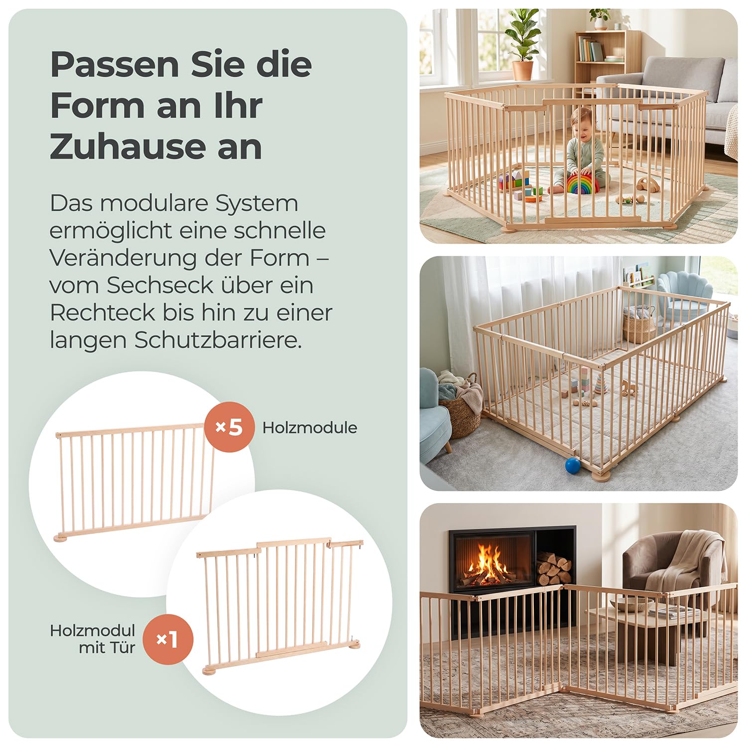 Laufstall Baby XXL Klappbar mit Tür, Laufgitter Baby inkl. 6 Elementen je 100 x 72 cm, Babygitter Holz Faltbar, Kinderlaufstall & Absperrgitter Für Innen- und Außenbereich