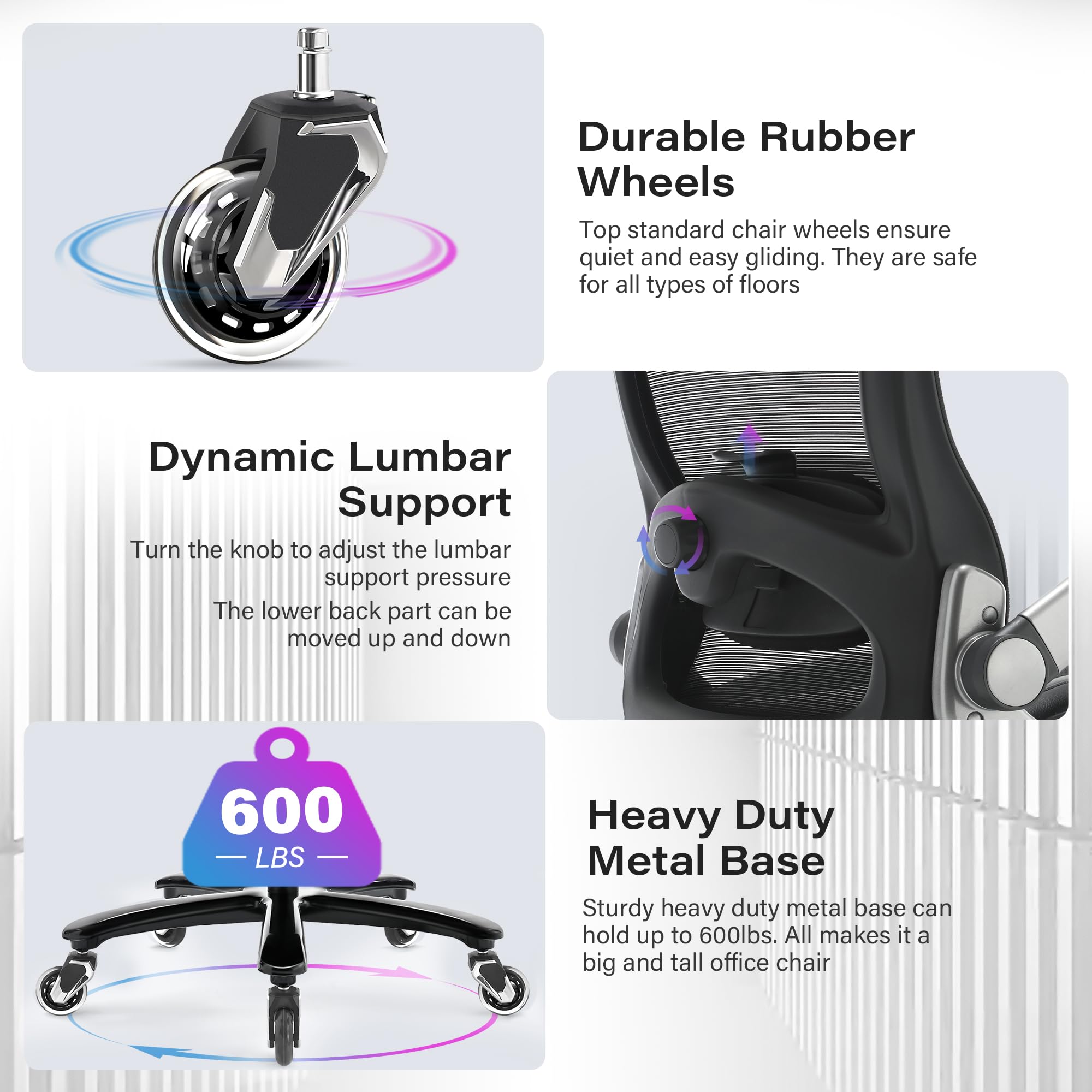 600lbs Big and Tall Office Chair- Heavy Duty Executive Computer Chair with 3D Flip Arms Large Wheels Ergonomic — view 6