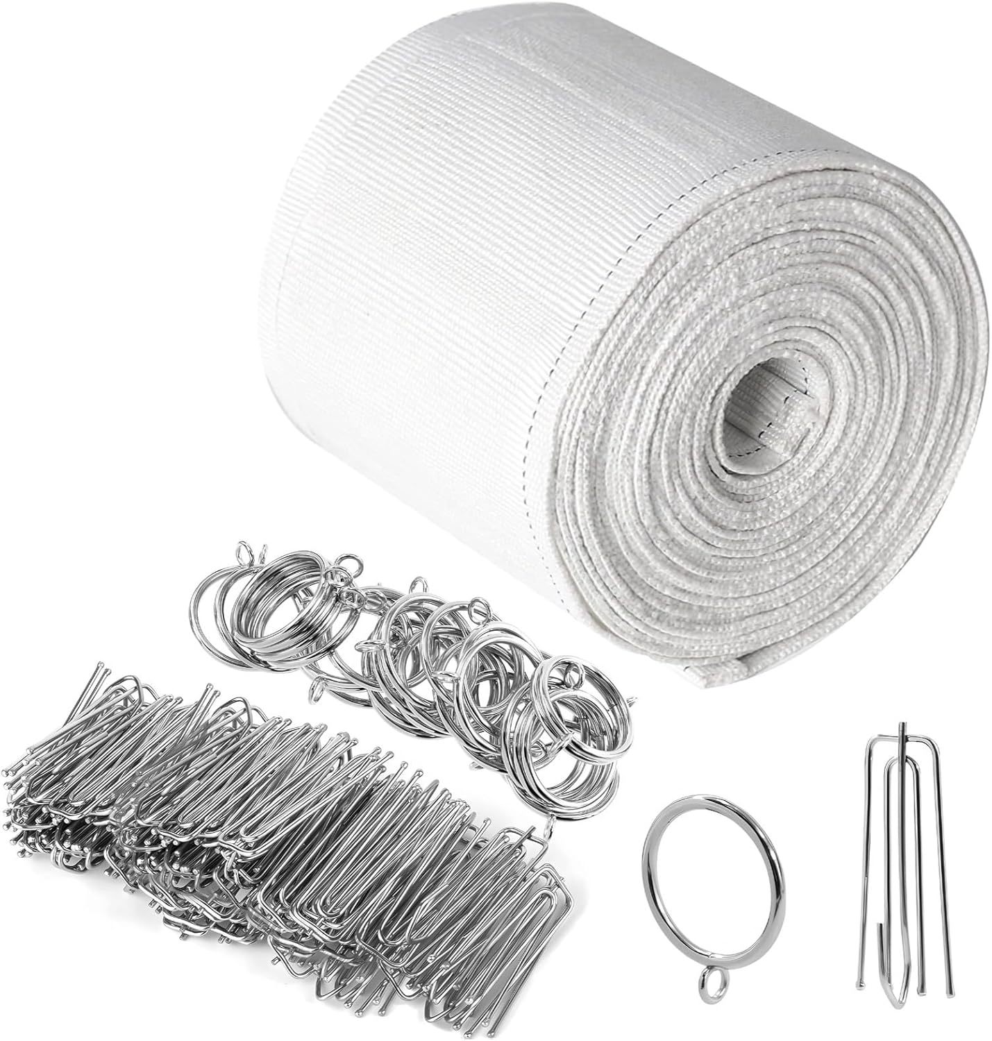White Curtain Tape 10 Yard with Metal Prong 4 Pleating Hooks,Hanging Kit Curtain with 30 Hooks and Rings,Hardware Drapery Complete Set for Treatment Window