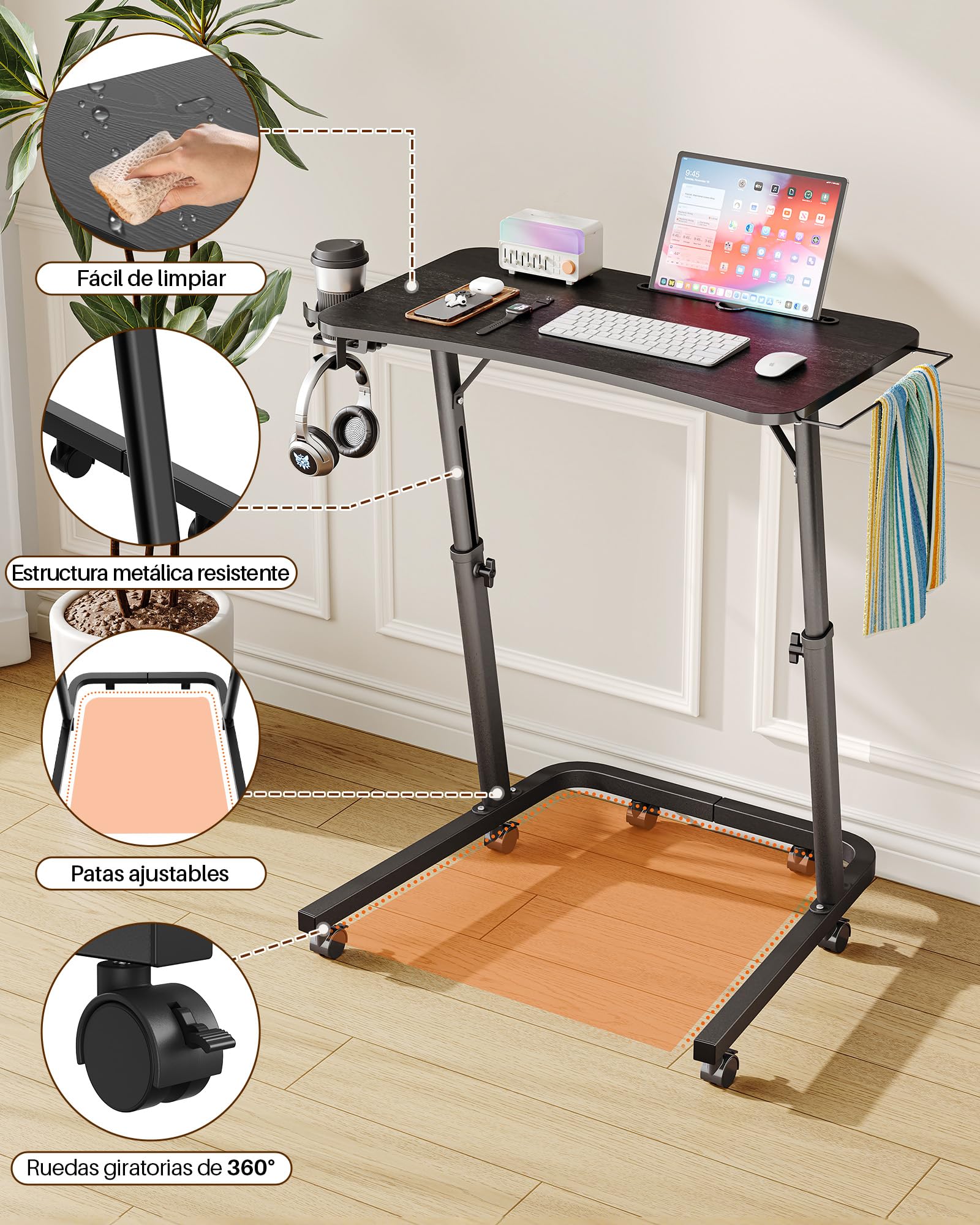 Mesa de entrenamiento con ruedas y altura regulable, mesita de noche y mesa para portátil, mesa auxiliar de altura ajustable para ciclismo en interiores y cinta de correr con soporte para bebidas y