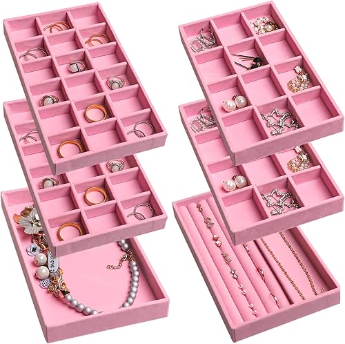 Frebeauty Bandeja organizadora de joyas, bandejas apilables de terciopelo para joyas, insertos de cajón, organizador de aretes para mujeres y niñas,