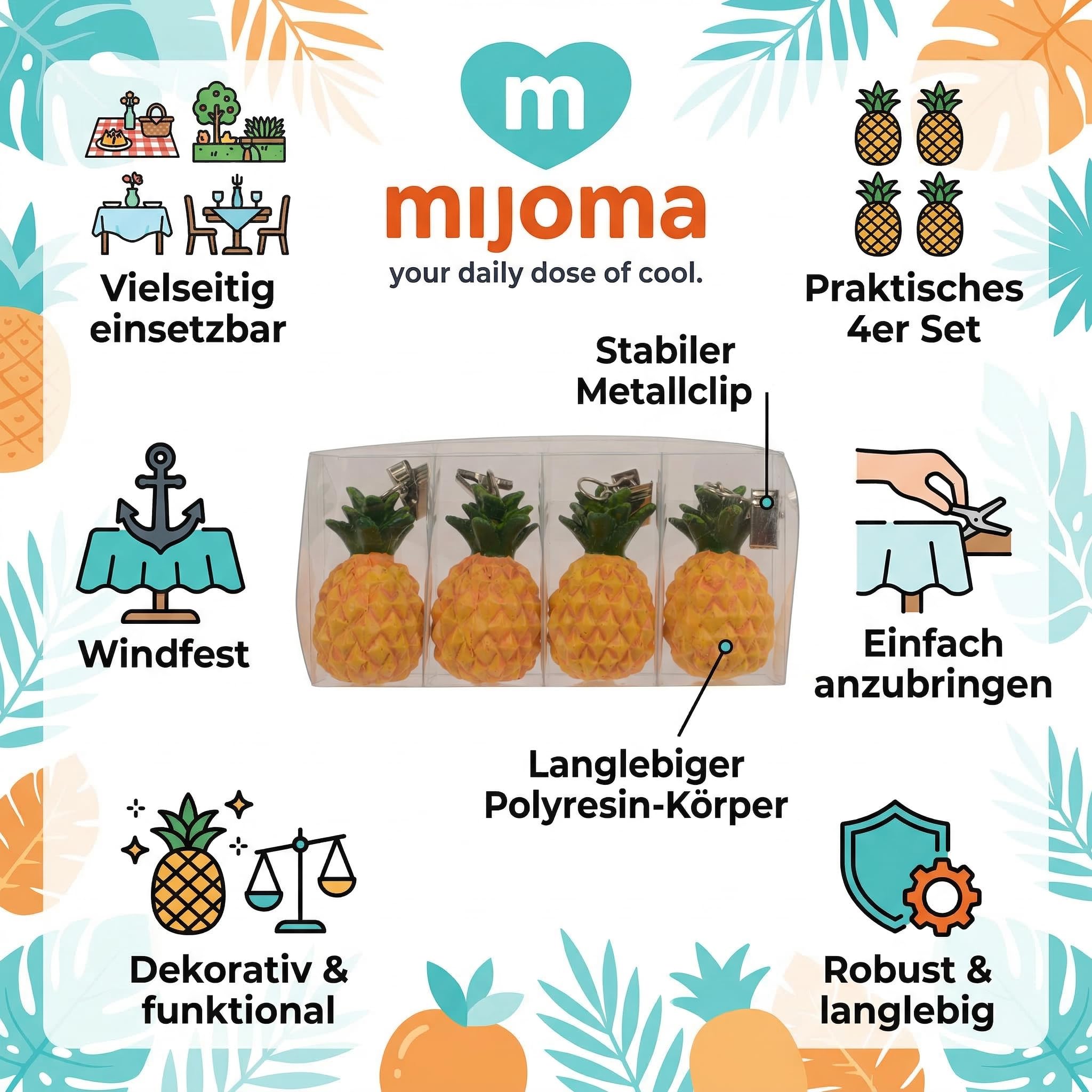 MIJOMA Zestaw 4 sztuk obciążników do obrusów z poliresyny – obciążniki do wkładania do obrusów – odporne na wiatr do ogrodu, balkonu, tarasu (ananas)