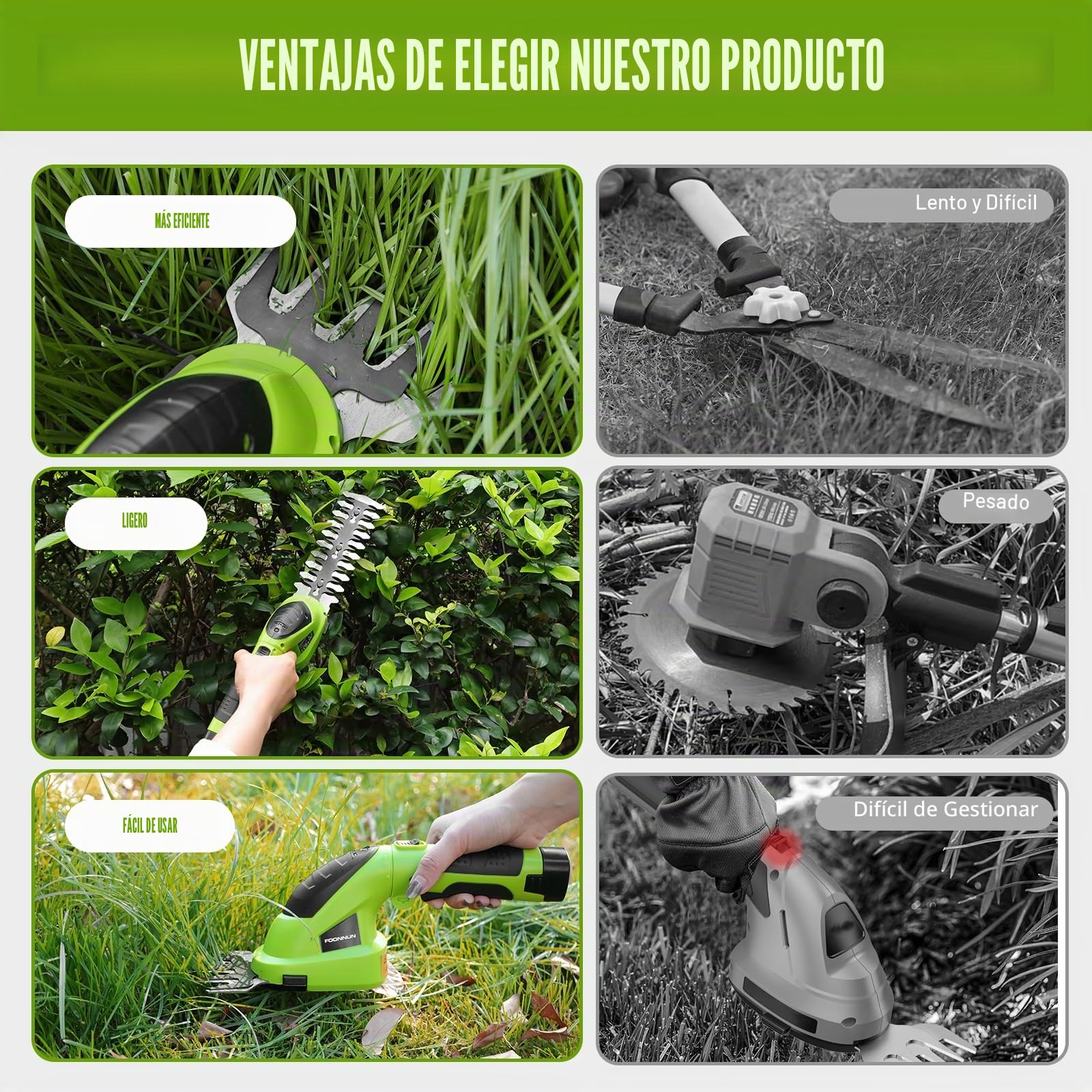 2 en 1 Tijera Cortacésped y Arreglasetos, FOONNUN Tijeras de Césped y Arbustos 7,2 V, Mango Giratorio de 180 °, Tijeras para Césped con Mango Telescópico y Ruedas, para Podar Césped, Arbustos y Setos