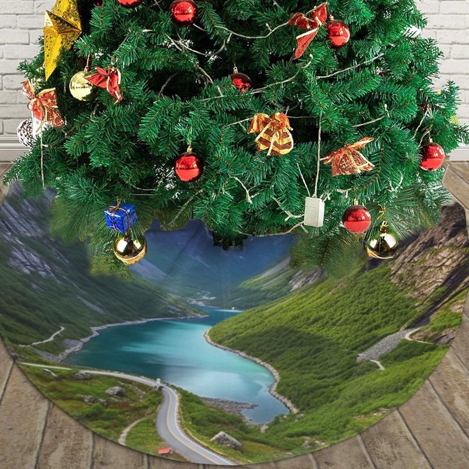 Norwegian Fjords Christmas Tree Skirt 30" Plush Soft Artificial Tree Mat Cover Merry Christmas Xmas Tree Skirt for Christmas Decoration Holiday Indoor Outdoor Winter Party Decor