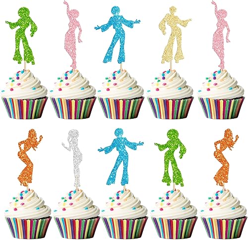Gyufise 24 adornos para cupcakes de discoteca de los años 70 con purpurina múltiple para decoración de tartas de discoteca de los años 70,