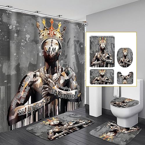 Miniatura 1 de Juego de cortina de ducha negro King con ganchos, cortinas de ducha de hombre rezando afroamericano con alfombras, cubierta de tapa de inodoro,