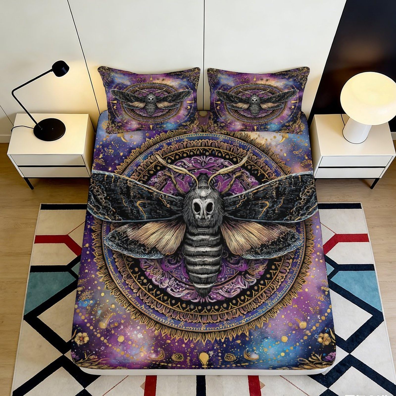 3D Printed Mandala Moth Fitted Sheet Microfiber Soft Anti-Slip Gothic Galaxy Bed Cover for Bedroom Dorm Mattress Protection 140x200x25cm