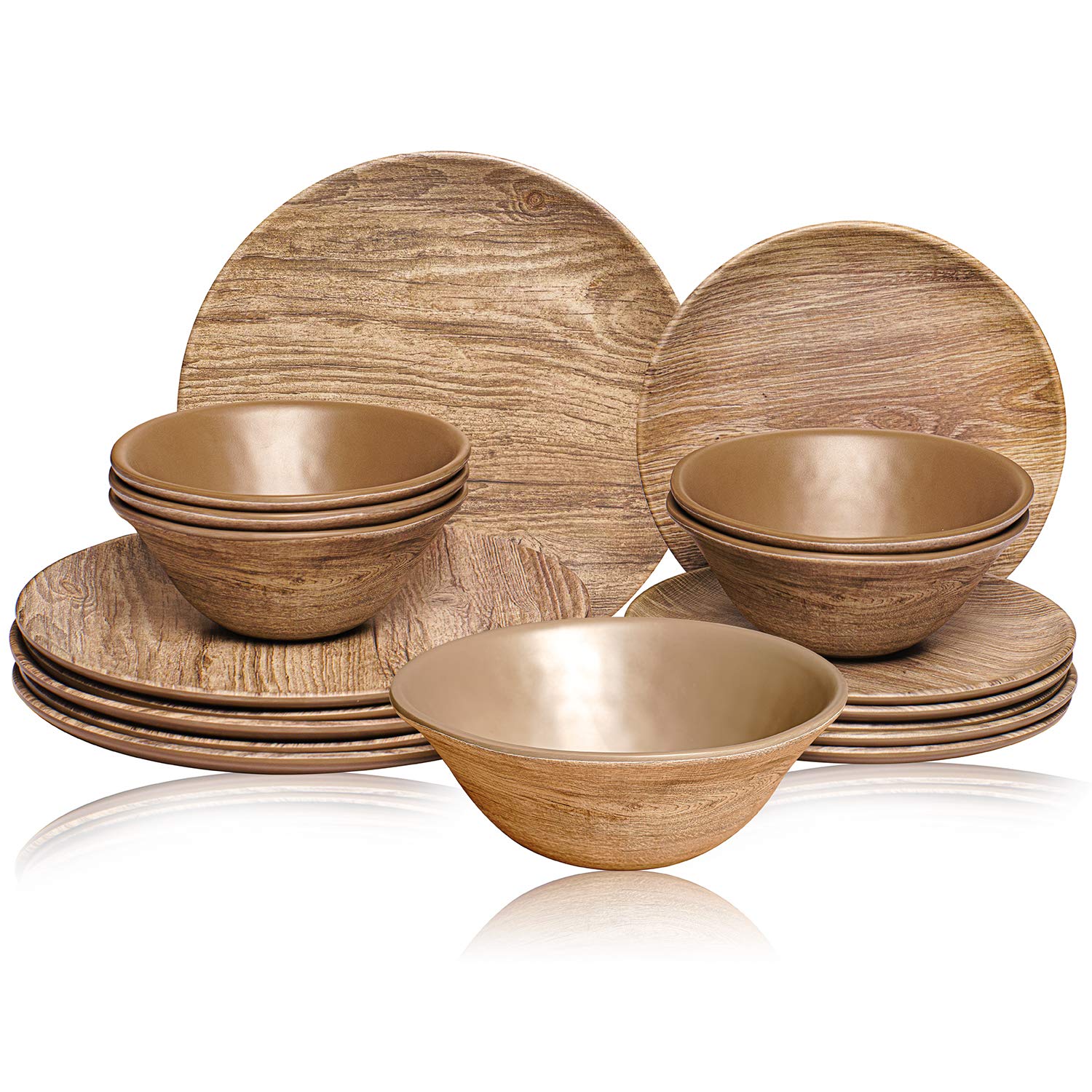 TP Melamine Dinnerware Set, 18-Piece Rustic Dishes Set, Dinner Service for 6 with Bowls and Salad Dinner Plates, Wood Grain