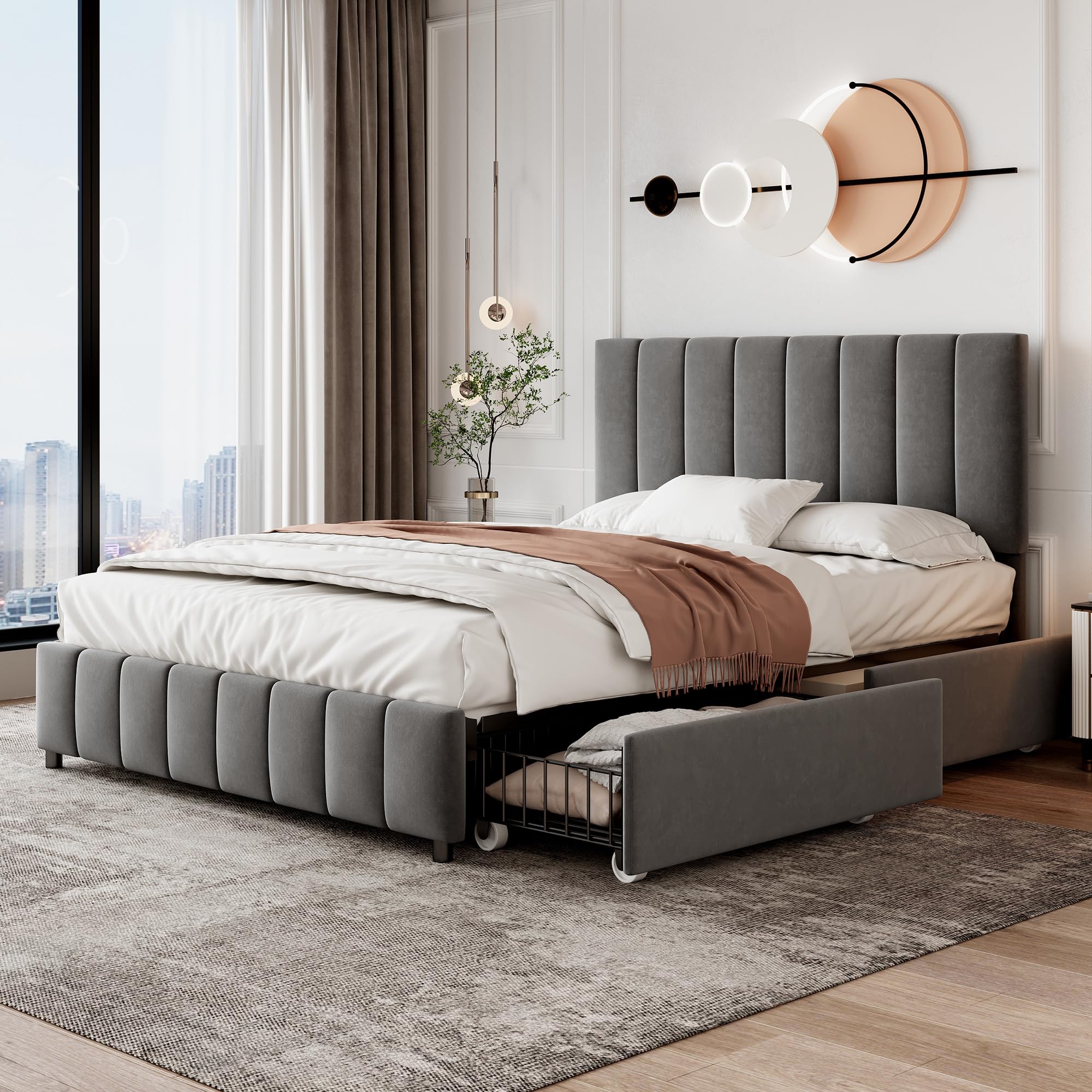 4ft6 Double Bed Frame Upholstered Platform Bed with 4 Storage Drawers&Adjustable Channel Tufted Headboard, Velvet Fabric, Sturdy Metal-Wood Support, No Box Spring Needed, Easy Assembly,Grey Double Bed