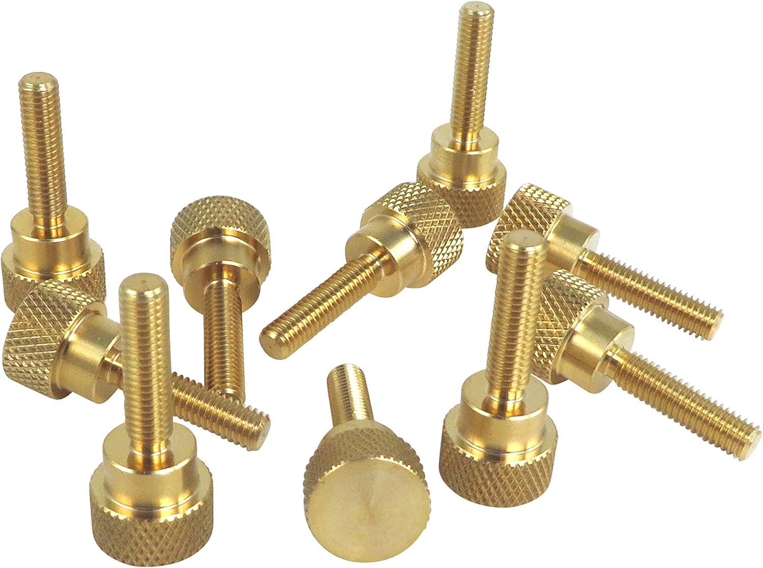 10 Pack 10-32 x 3/4 Inch Threads Solid Brass Diamond Knurled Thumb Screws Knobs with Straight Shoulders Right-Hand Threads SAE Flat Tip Uncoated (10-32 x 3/4 inch Long Threads)